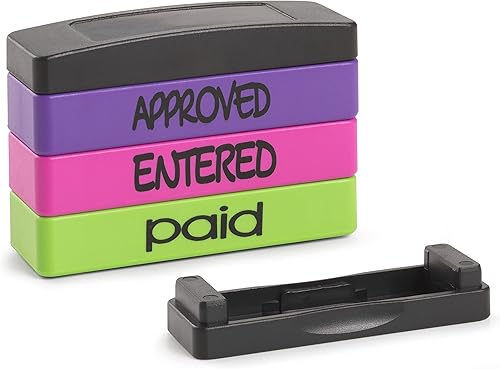Miniatura 6 de Stakz - Sello de mensaje preentintado  Aprobado, ingresado, pagado  tinta púrpura, rosa, verde  Tamaño de impresión 58 "x 1-1316"