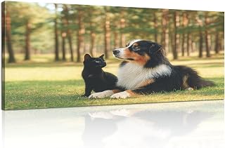 Canvas Wall Art Painting dogs black cat Australian Shepherd nature Modern Print Stretched Framed Artwork Wall Poster for Living Room Bedroom Office Wall Decor 20x40 Inch