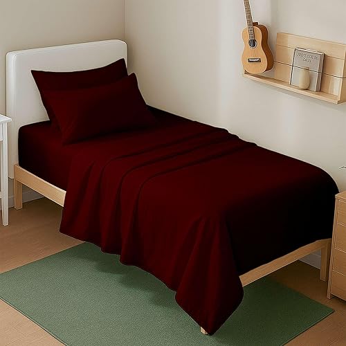 Juego de sábanas de 4 piezas tamaño individual (39 x 75 pulgadas), color burdeos, 100% algodón egipcio, sábanas refrescantes de 600 hilos, bolsillo