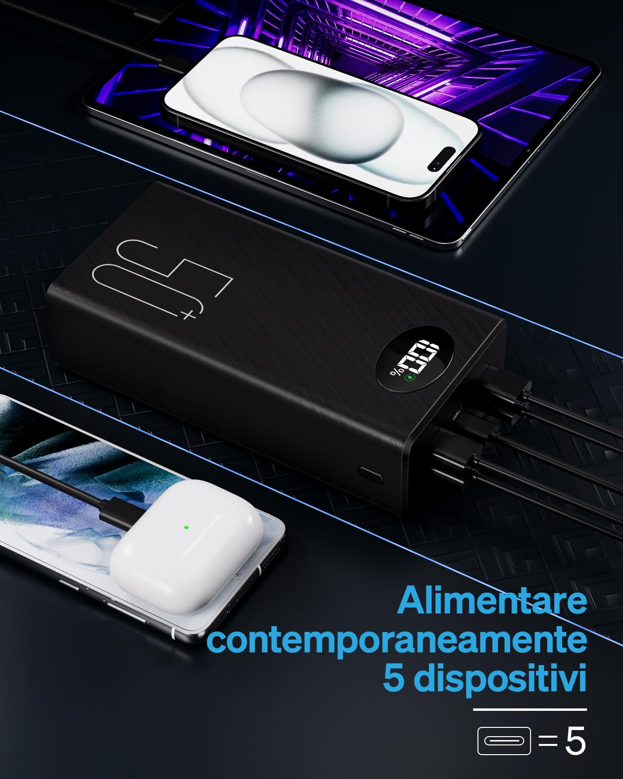50000mAh Power Bank con cavo integrato: batteria esterna da 22,5 W a ricarica rapida con grande capacità, caricatore portatile con torcia a LED e 7 uscite e 3 ingressi-50000mAh Lettore MP3 touchscreen