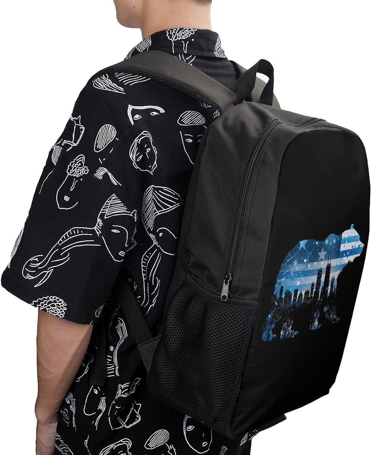 Am-erican Flag City Flag Bear Print Laptop Backpack for Men Women 17 Inch Shoulder Bag Travel Daypack
