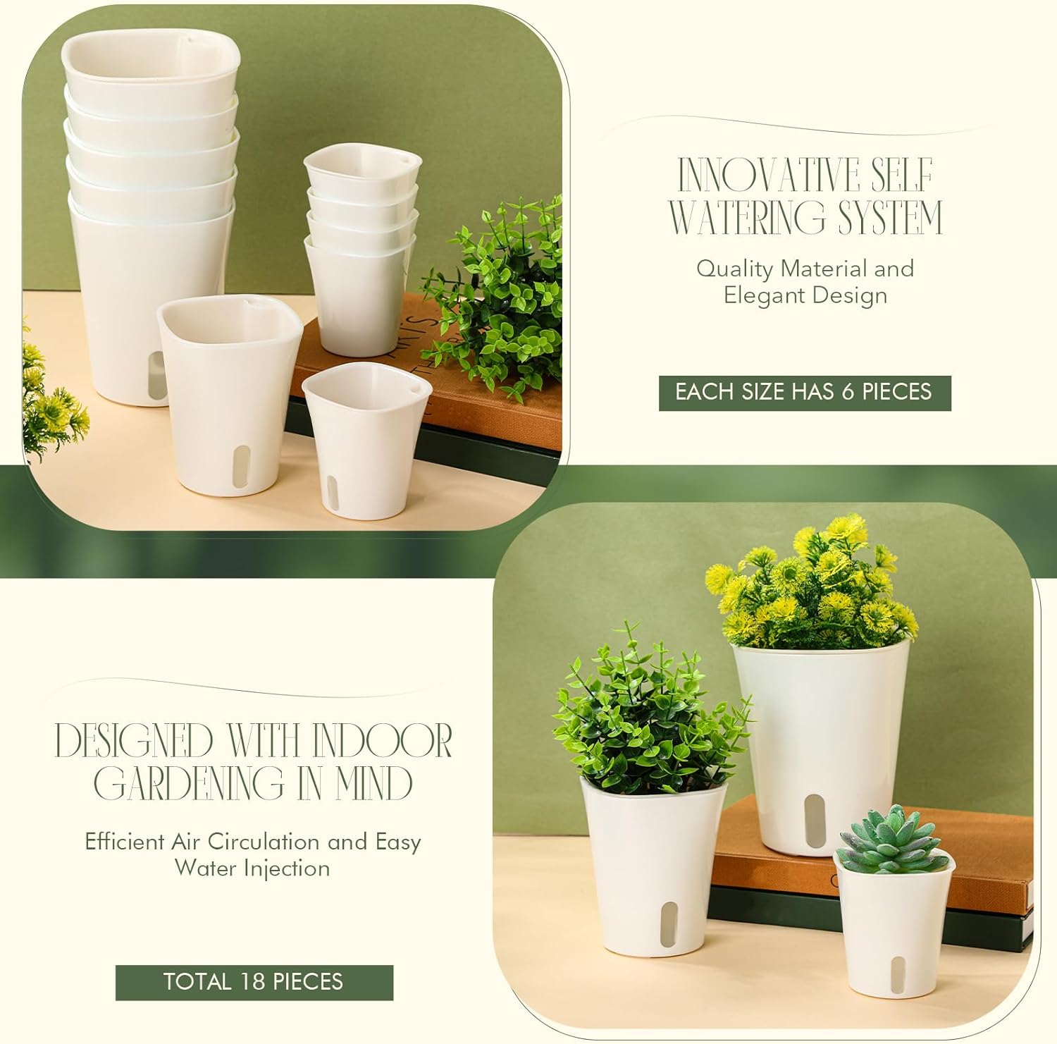 6 Pcs Self Watering Pots - Plastic Flower Plant Pot With Inner White Pot for Indoor House Plants, Herbs and Flowers