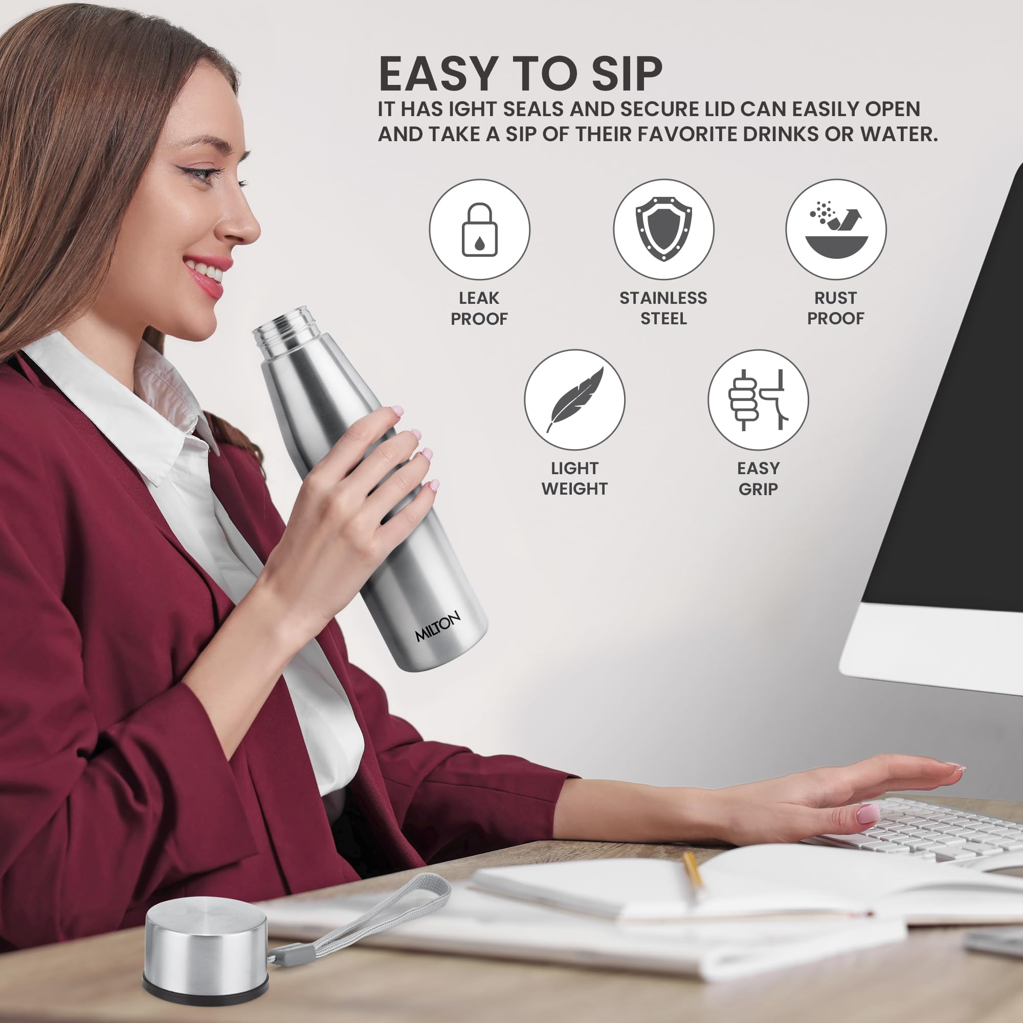 MILTON Drift 1000 Stainless Steel Water Bottle 950 ml, Set of 3, Single Walled, ISI Certified I Leak Proof Lid, Rust Proof I For School, Office, Gym I Silver — Amazon image 2