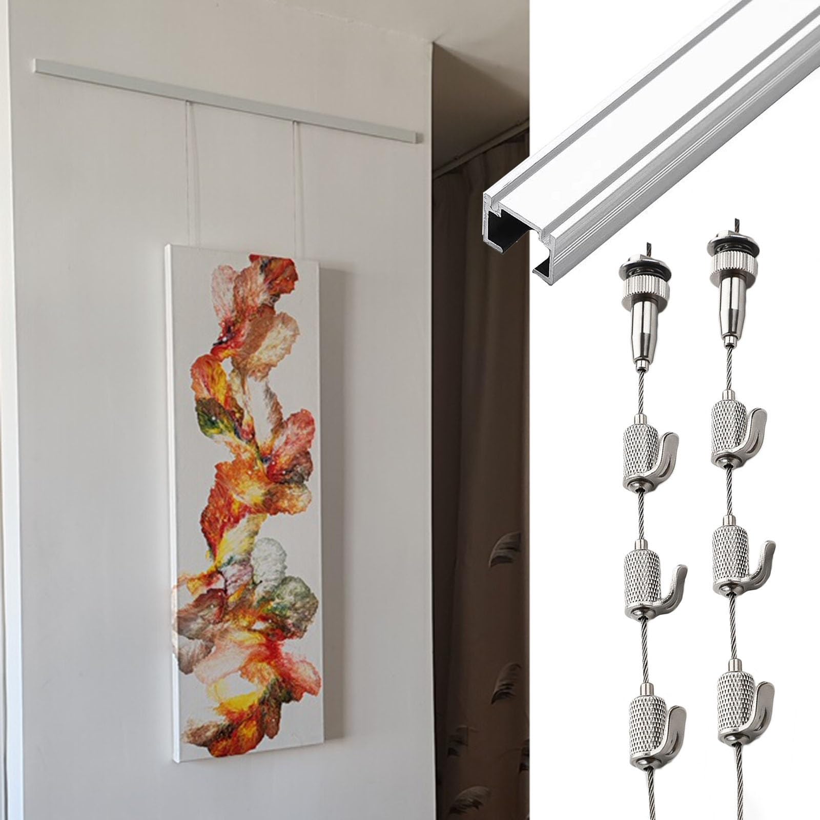 Sistema de riel para colgar cuadros ideal para decorar el pasillo de entrada con arte
