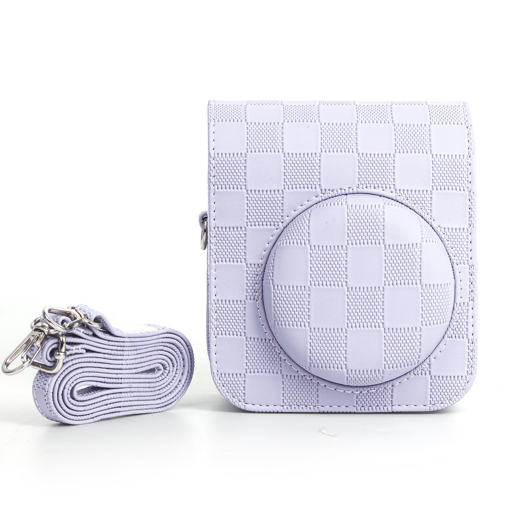 ZIKKON PU Leather Protective Camera Case Pouch Compatible with Fuji-Film Instant Insta-x Mini 12 Instant Camera Carrying Bag with Adjustable Shoulder Strap- Purple Checkboard-picture-29