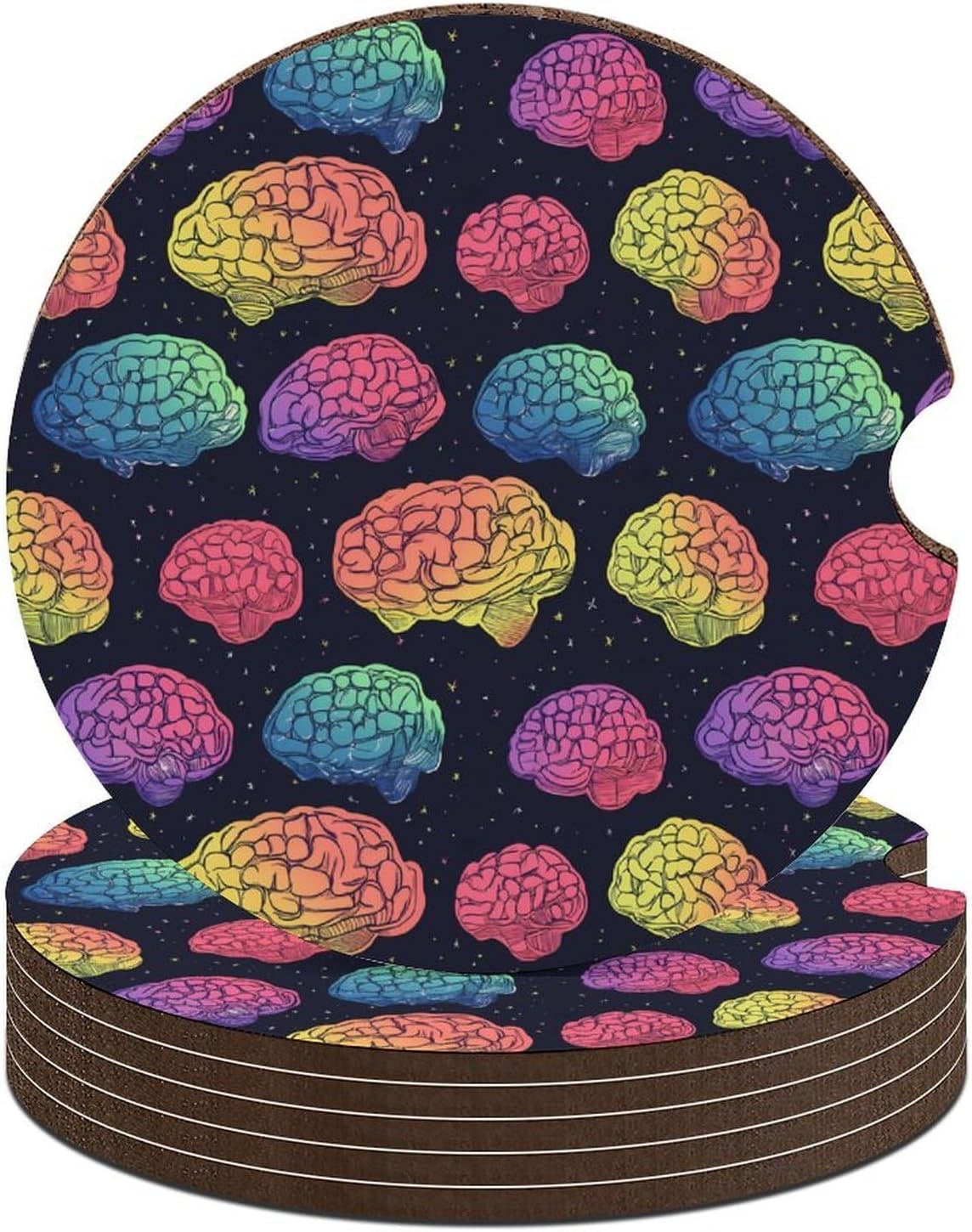 Rainbow Brains Pattern Cute Car Coasters 2.56 Inch Absorbent Cup Holder for Drinks Auto Interior Accessories