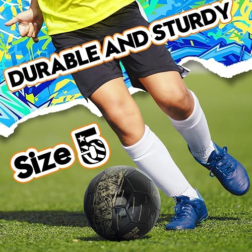 Miniatura 5 de Balón de fútbol tamaño 5, piel sintética para interiores y exteriores, para jóvenes y adultos, fútbol negro con estampado dorado