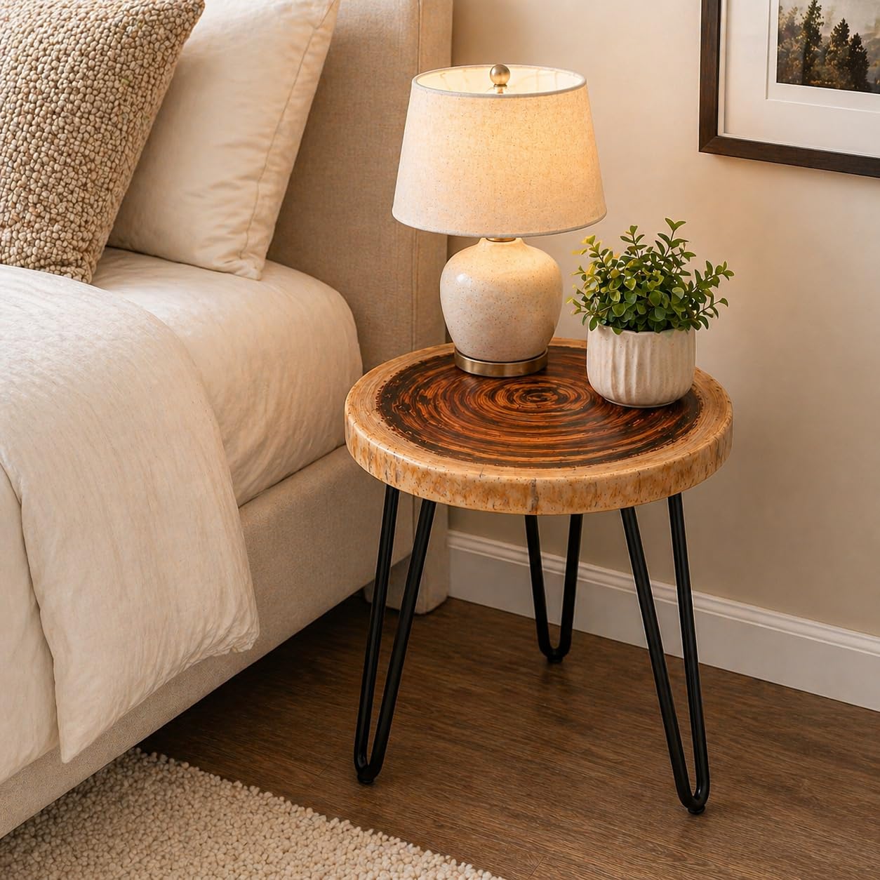 LATEST HANDICRAFTS Sheesham Wood Live Edge Side Table | Rustic Wooden End Table with Hairpin Metal Legs | Solid Tree Slice Coffee Table for Living Room, Bedroom 14'' Top x 18'' H