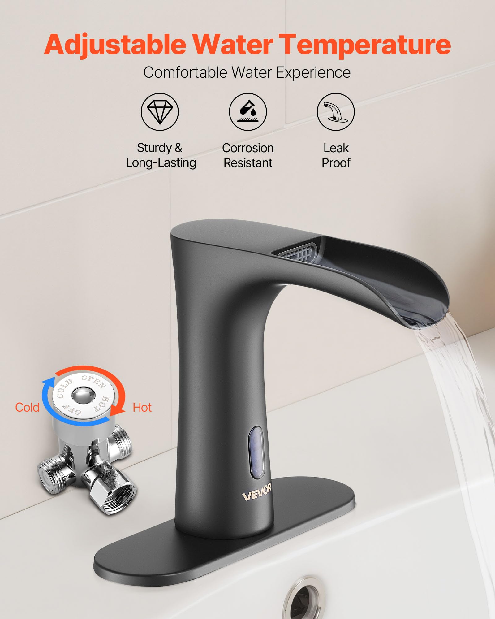 VEVOR Grifo de Lavabo Automático sin Contacto para Baño, Latón, con Sensor y Tapa, Grifo a Pilas, Cascada Semi-Cerrada, Recubrimiento Electroforético, 7,6 L/min, Negro Mate, 160 x 62 x 145 mm