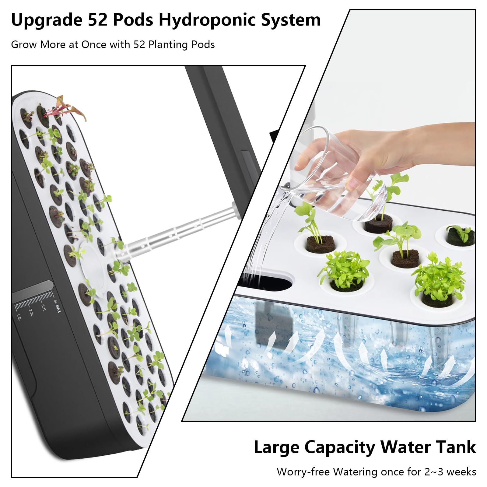 System uprawy hydroponicznej 52 wkładek, 24W lampa LED o pełnym spektrum, zbiornik na wodę 4L z automatycznym timerem i inteligentnym systemem nawadniania, zestaw do kiełkowania roślin do