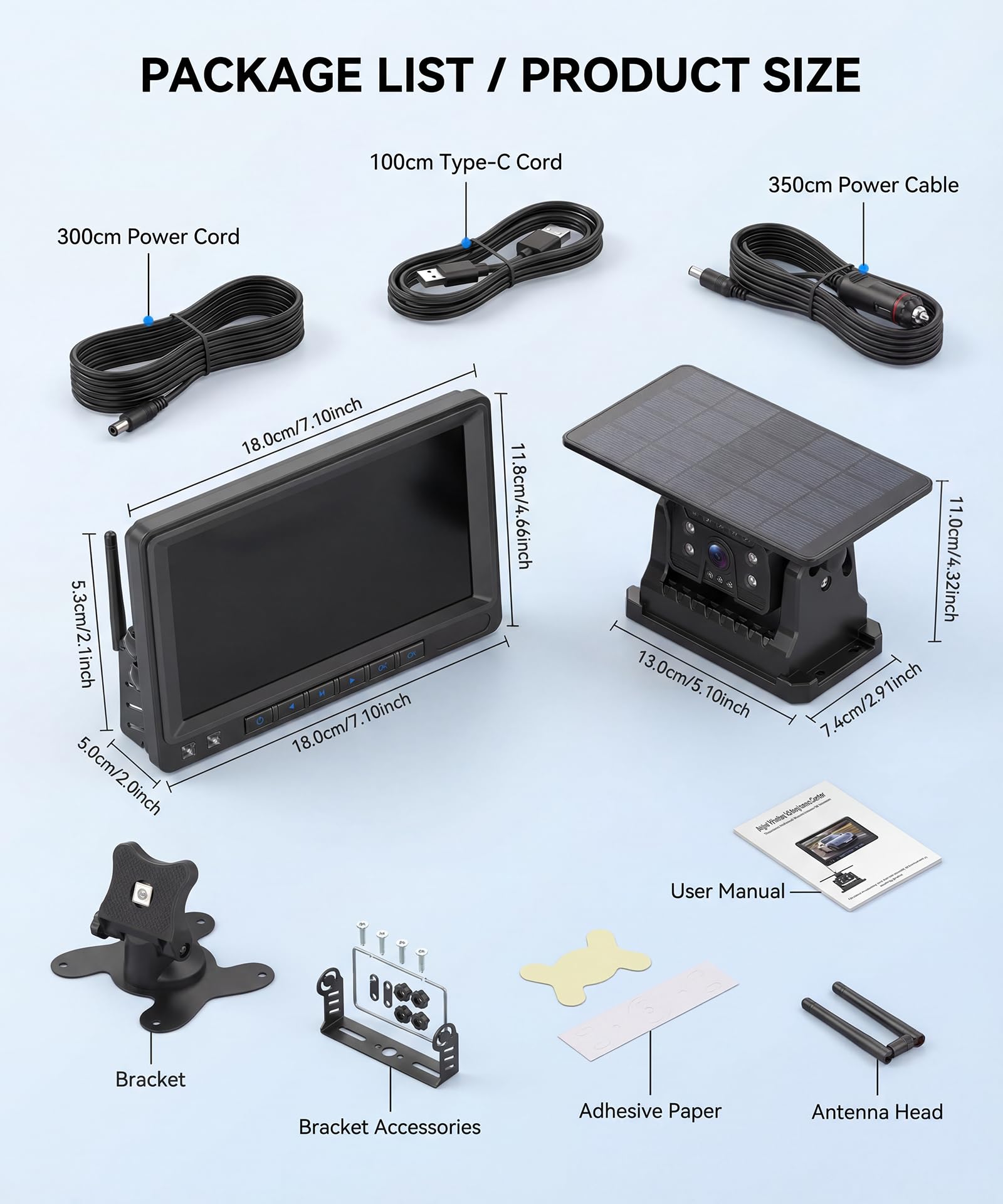 Rimoody Senza Fili Solare Telecamera per Retromarcia, con Batteria da 10000 mAh & Ricarica Type-C, 7 Pollici IPS Monitor, IP69 impermeabile, Visione Notturna, per Camion/Caravan/Camper/Bus/Rimorchio