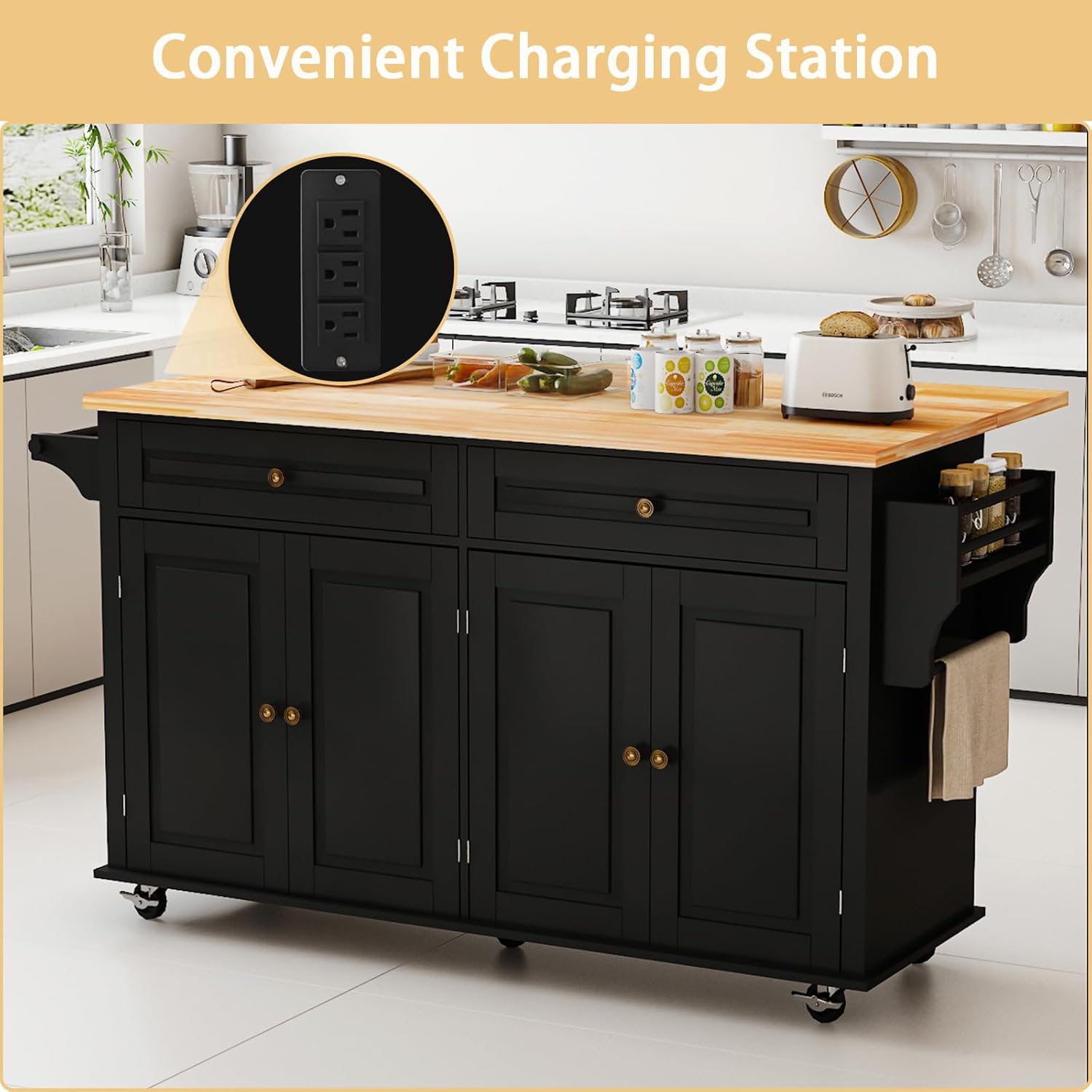 67’’ Movable Kitchen Island with Drop Leaf and Power Outlet, Lockable Sliding Countertop Rolling Island Cart with 2 Large Drawers, Spice, Towel Rack,Black