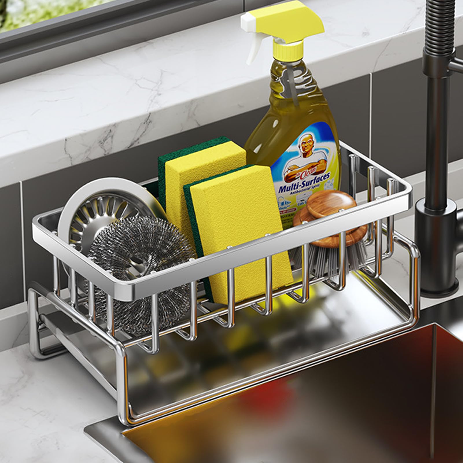 Organiseur D'Évier Cuisine En Acier - Porte-Éponge Avec Bac Amovible & Porte-Serviettes - Noir