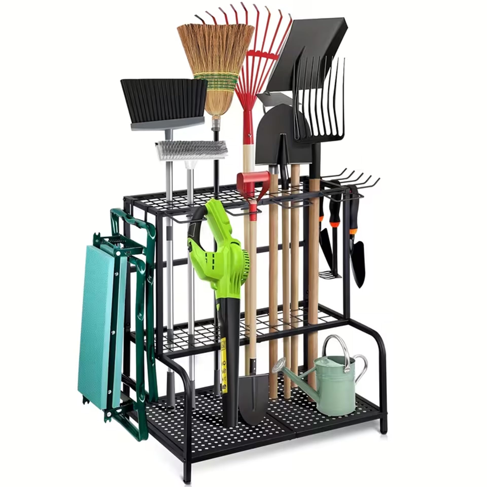 Organizador de herramientas de jardín con 74 ranuras, soporte de metal para herramientas con ganchos | Almacenamiento de garaje resistente para pared y cobertizo, ideal para dispositivos de mango largo, escobas, rastrillos