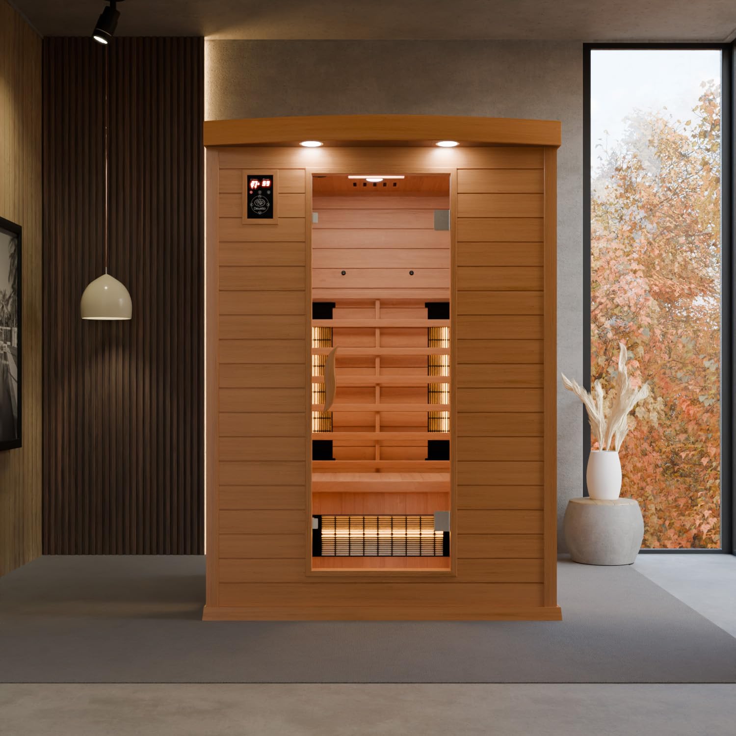 Dewello® Infrarotkabine Infrarotsauna Pierson 135cm x 105cm 1-2 Personen aus Hemlock Holz mit Vollspektrumstrahler, Bodenstrahler, LED-Farblicht, Bluetooth, FM,MP3,USB