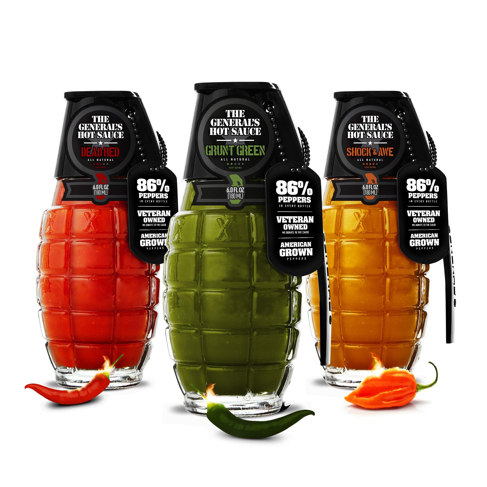 The General’s Hot Sauce Triple Threat Hot Sauce Gift Set - Variety Pack with Habanero & Cayenne Peppers - All-Natural, Spicy Sauce Collection - American Grown, Veteran-Owned, 3-Pack (6oz Bottles)