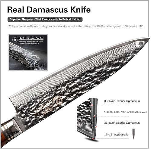 Miniatura 5 de YARENH Cuchillo de chef, cuchillo de cocina Nakiri de 6.5 pulgadas, hoja afilada de acero inoxidable Damasco, 73 capas, alto carbono, espiga