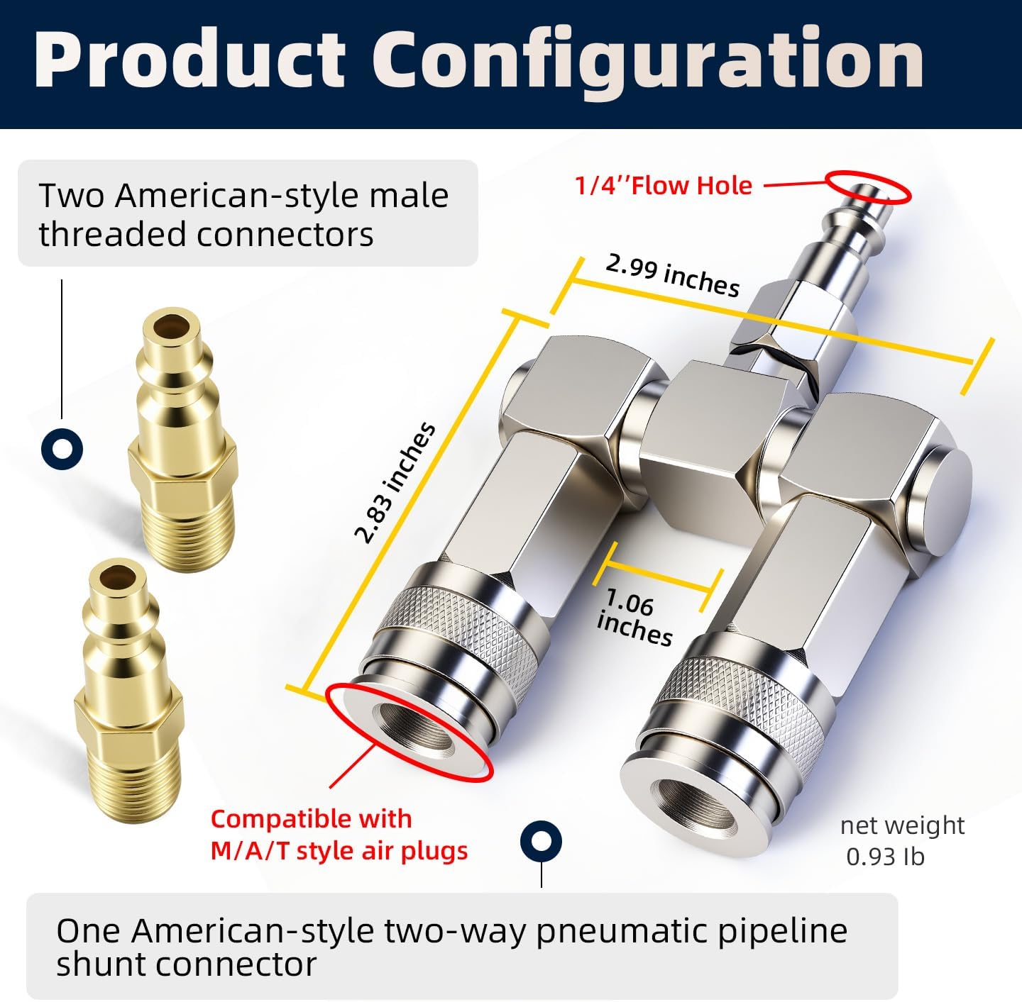 2-Way Air Hose Splitter with 2x 1/4 Inch NPT Male Quick Connect Adapters, 1/4" NPT 360° Swivel Air Compressor Manifold, Nickel-Plated Steel Fitting Kit (2 Universal Couplers + 1 I/M Plug) - 300 PSI