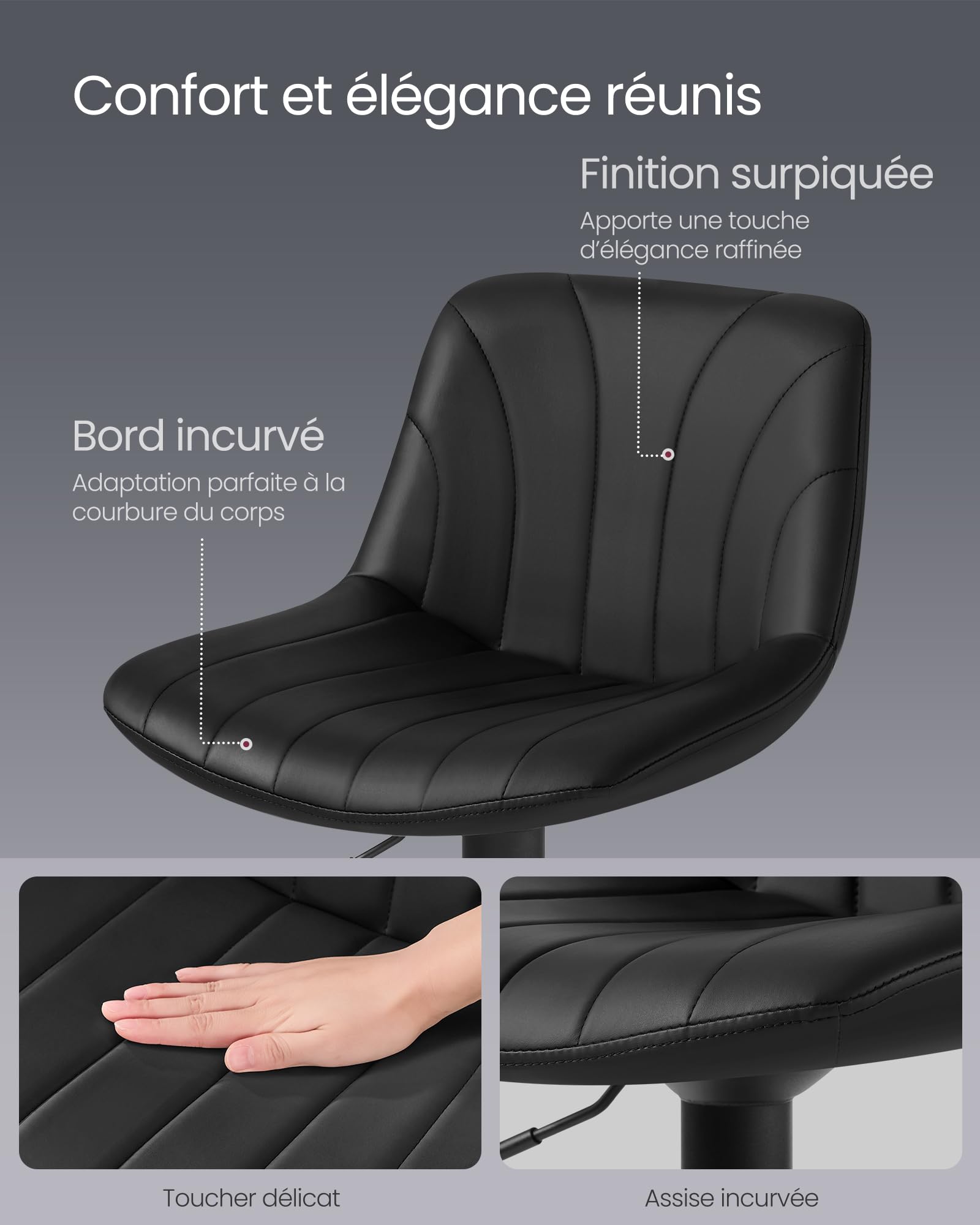 VASAGLE Tabourets de Bar, avec Dossier, Chaises de Bar Hauteur Réglable, Rotation à 360°, Repose-Pied en Métal, pour Salle à Manger, Cuisine, PU, Lot de 2, Noir d'encre LJB181BH01