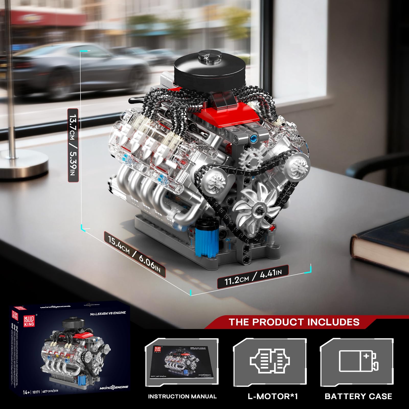 Mould King 10171 Tecnología V8 Motor Bloques de Construcción Juguete, 487 Piezas Motor Bloques de Enganche Kit de Construcción Kit de Construcción Regalo para Adultos