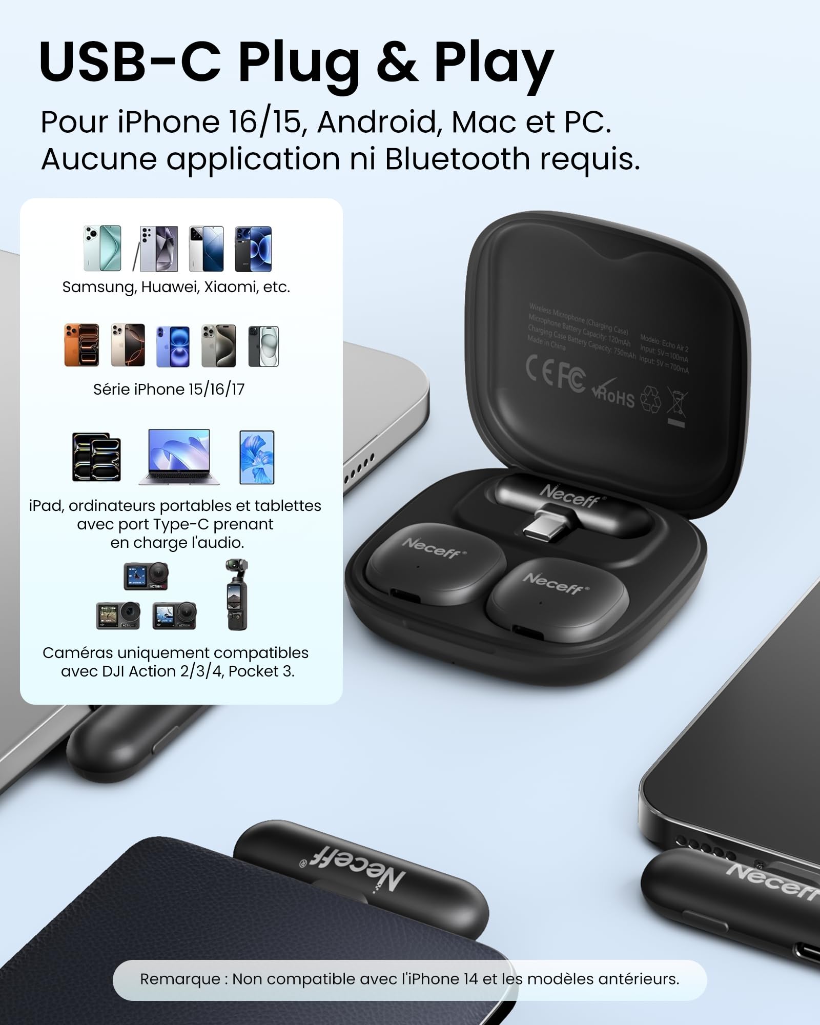 Mini Microfono Wireless USB C per iPhone 15 16 Android Samsung Microfono per Cellulare e PC con Cancellazione Rumore AI Microfono Wireless Professionale per Video Social Vlog YouTube TikTok 32H