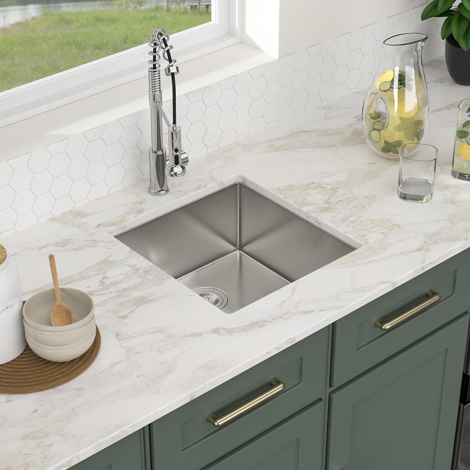 Logmey 19 Inch Undermount Bar Sink - 19x20 In Handmade Bar Prep Sink Stainless Steel 16 Gauge Small Bar Prep Sing Single Bowl Small Bar Sink
