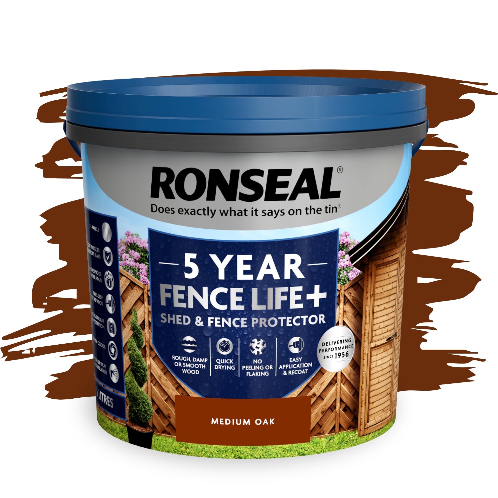 SAVING HUB Fence Paint 5L - Garden Shed Paint, Outdoor Furniture Paints - Exterior Wood Treatment - Used On Rough Swan & Smooth Planed Wood - Sheds & Fences Life Plus - Dry in 4 Hours (Medium Oak)