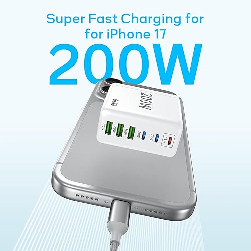 Miniatura 3 de Paquete de 2 cargadores USB C, 200 W GaN cargador súper rápido tipo C iPhone 17 16 carga rápida 6 puertos plegable PD estación de carga para todos