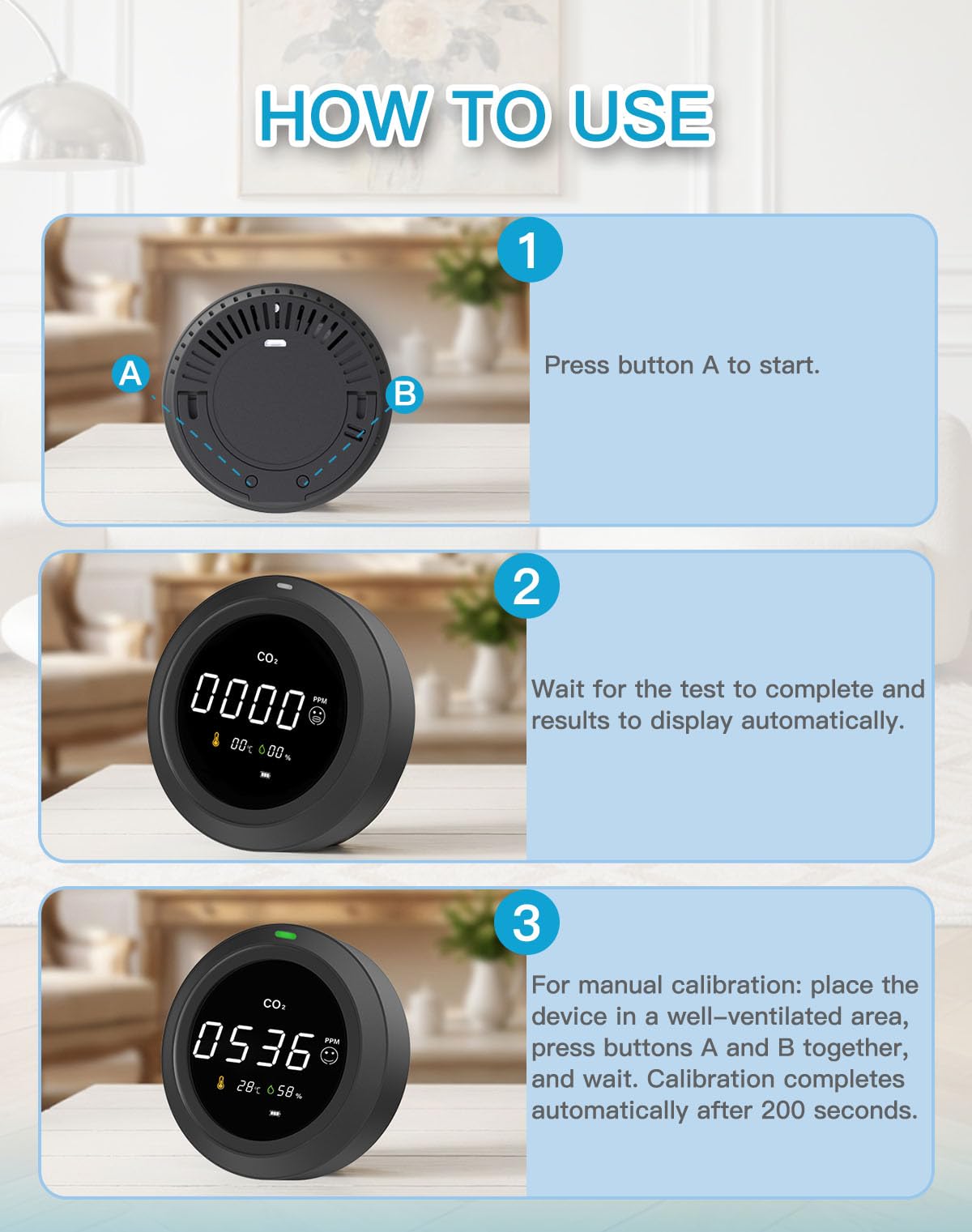 Détecteur CO2, LifeBasis Moniteur de Qualité de l'Air avec Écran LCD, Capteur NDIR, Détecteurs de CO2, Température et Humidité,0-5000 PPM, pour Maison/Bureau/Salle de Sport/Voiture