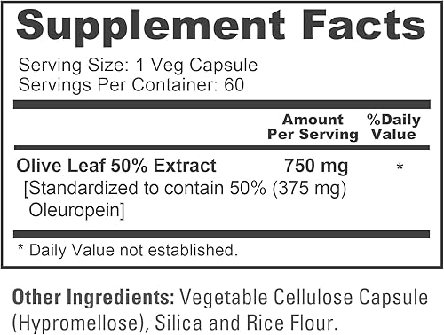 Miniatura 4 de Extracto de hoja de olivo 750 mg 50% oleuropeína (sin OMG y sin gluten), vegano, sin aceite, 60 cápsulas