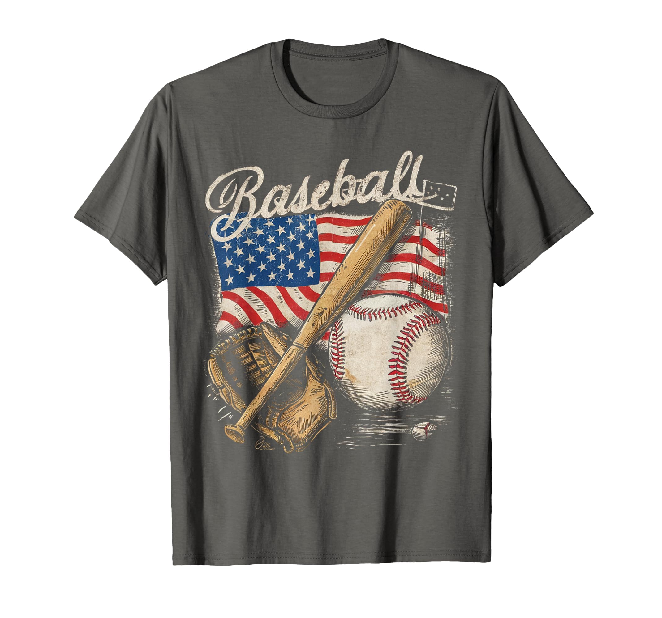American Flag Baseball Player Bat Fan Catcher Pitcher USA T-Shirt