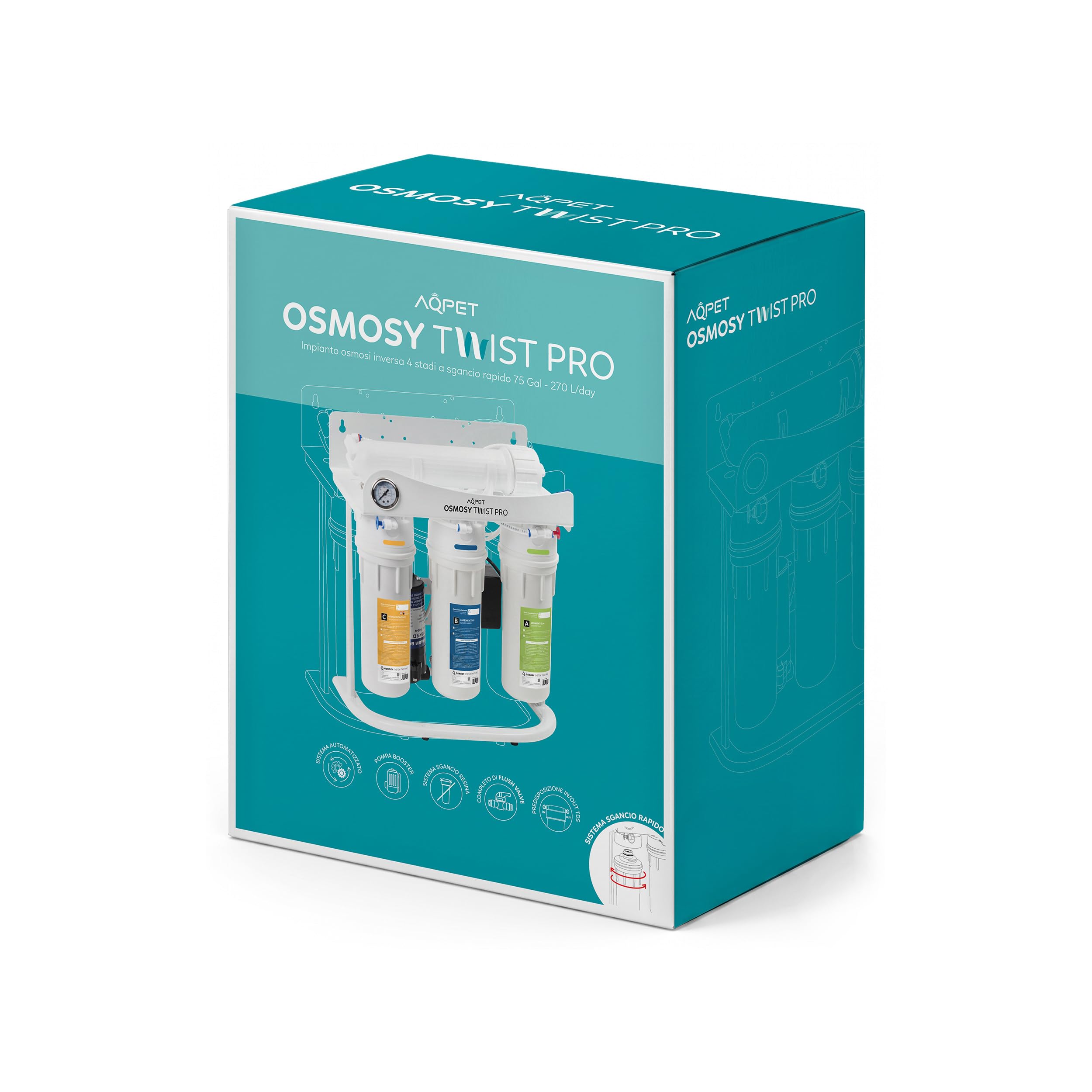 AQPET Sistema de ósmosis inversa 270 l/día profesional Twist Pro con membrana Vontron, sistema Twist de liberación rápida, 4 etapas con resina desionizante, válvula de flush, manómetro y preparación