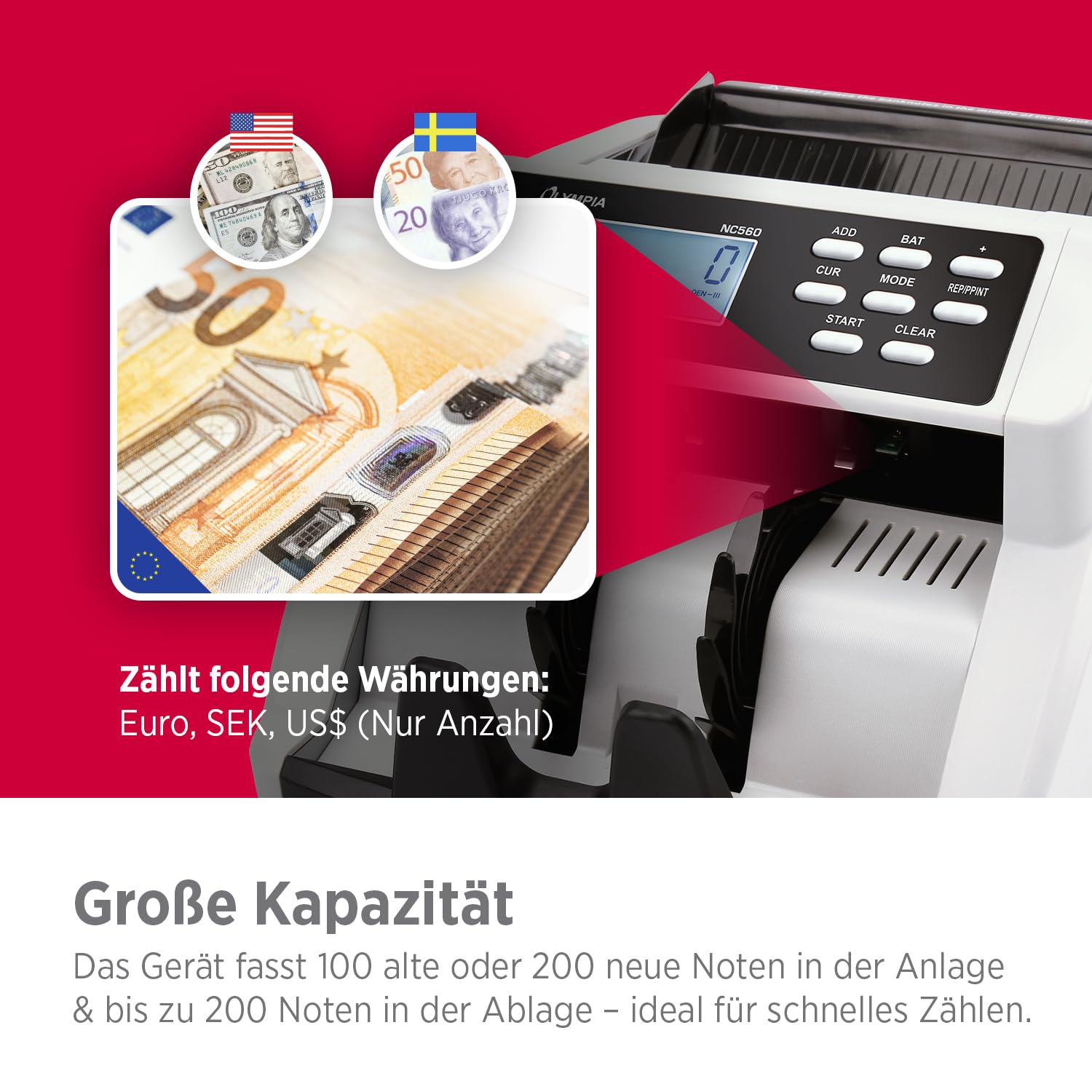 Olympia NC 560 Geldzählmaschine für Scheine | Gemischtwertzähler für unsortierte Banknoten | Banknotenzähler mit Falschgeld Prüfer | LCD Display | Geldscheinprüfgerät | 1000 Noten/Min | Geldzähler
