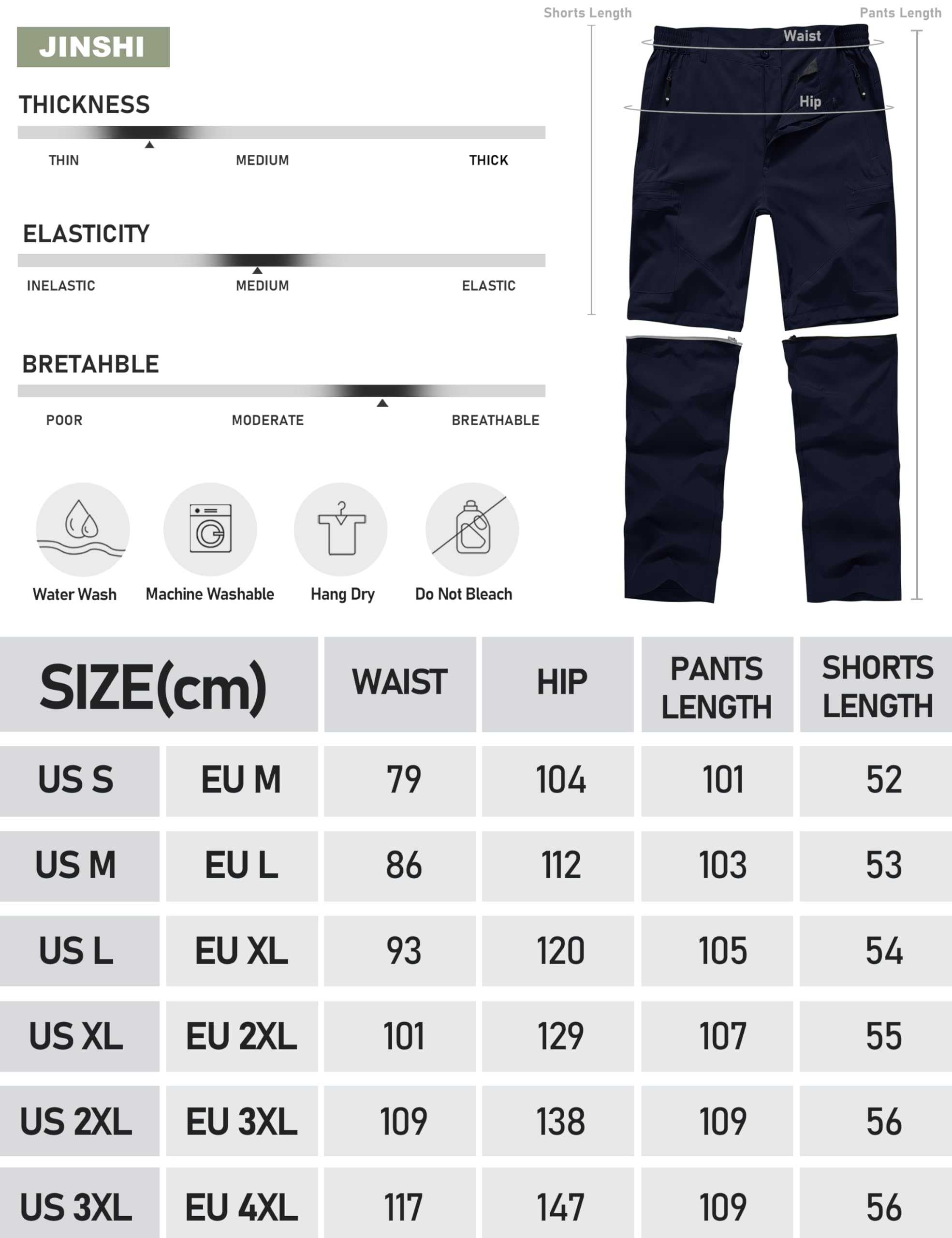 JINSHI Homme Pantalon Convertible Léger à Séchage Rapide Zip-Off Pantalons Cargo Shorts de Randonnée Montagne avec 5 Poches Zippées