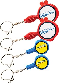 HOOK-EZE Knot Tying Tool Cover Hooks on 4 Fishing Poles, Standard & Large Size Combo, Line Cutter, Hook Covers for Saltwater & Freshwater, Bass Kayak Ice Fishing - Red, Blue