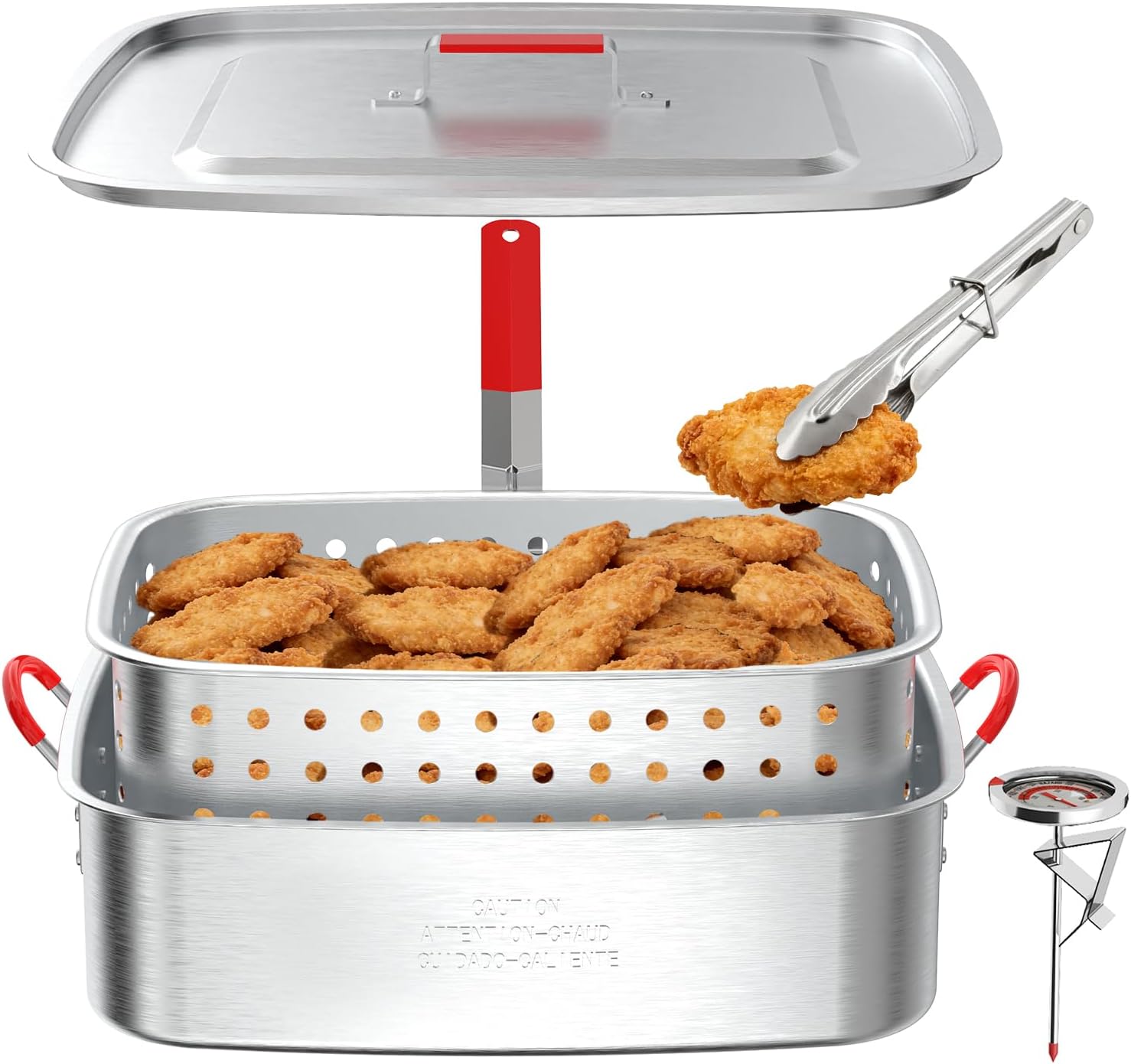18QT Fish Fryer Pot with 2 Basket, Aluminum Deep Fryer with Lid, Thermometer & Tongs, Outdoor Frying Pot for Fish, Chicken Wings & French Fries