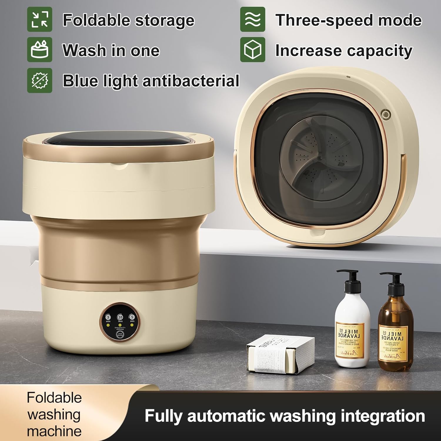 Portable Washing Machine 17L, Small Foldable Washer with Spin Basket, 3 Mode Deep Clean — Mini Laundry Machine for Travel, Dorms, Camping, Ideal for Baby Clothes, Underwear, Socks Beige