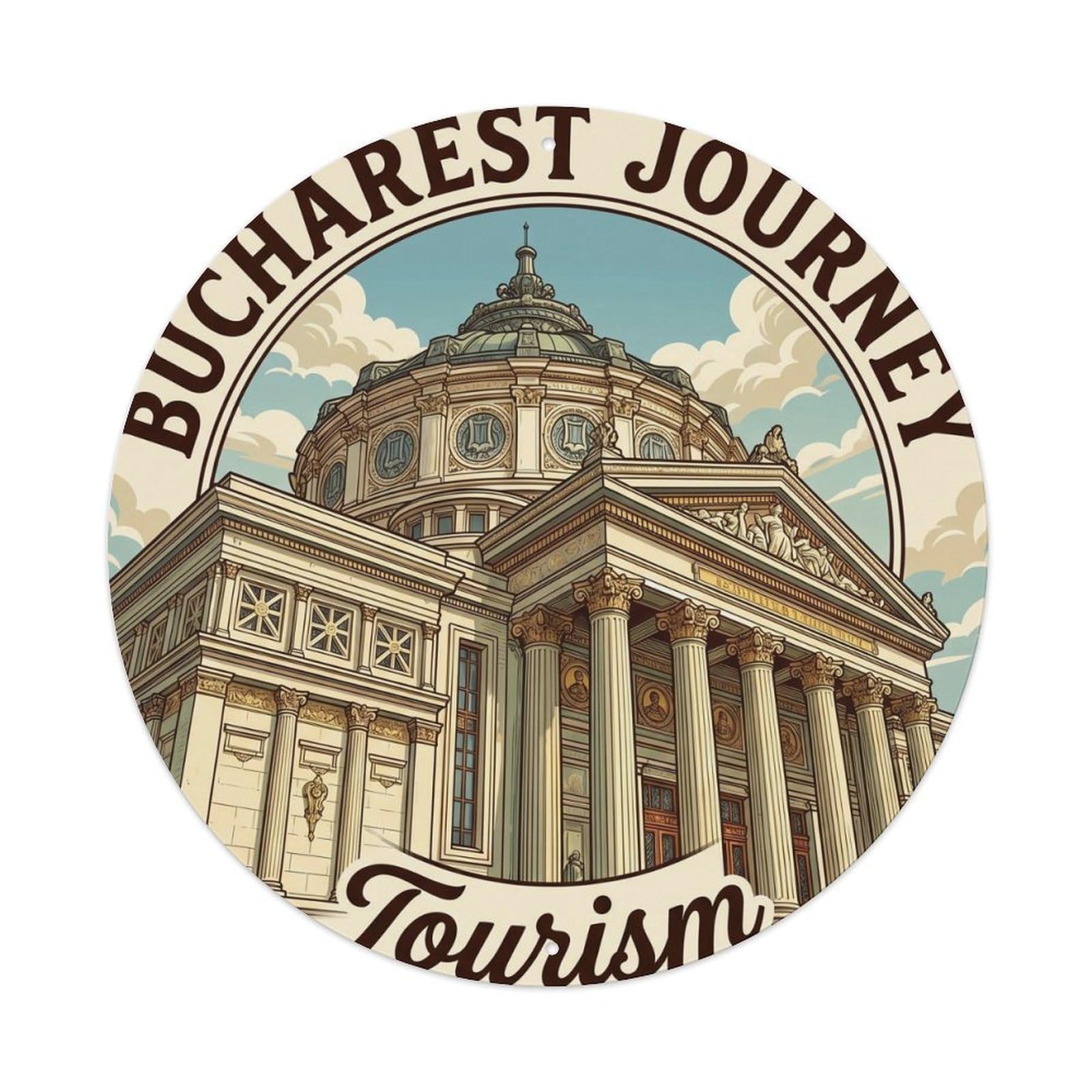 Monument Tourism Bucharest Heritage Scenic Landmark City Metal Tin Sign Plaque Wall Decor for Cafe, Man Cave, Club Bar, Office, Home Garden Round Metal Poster 8x8Inch