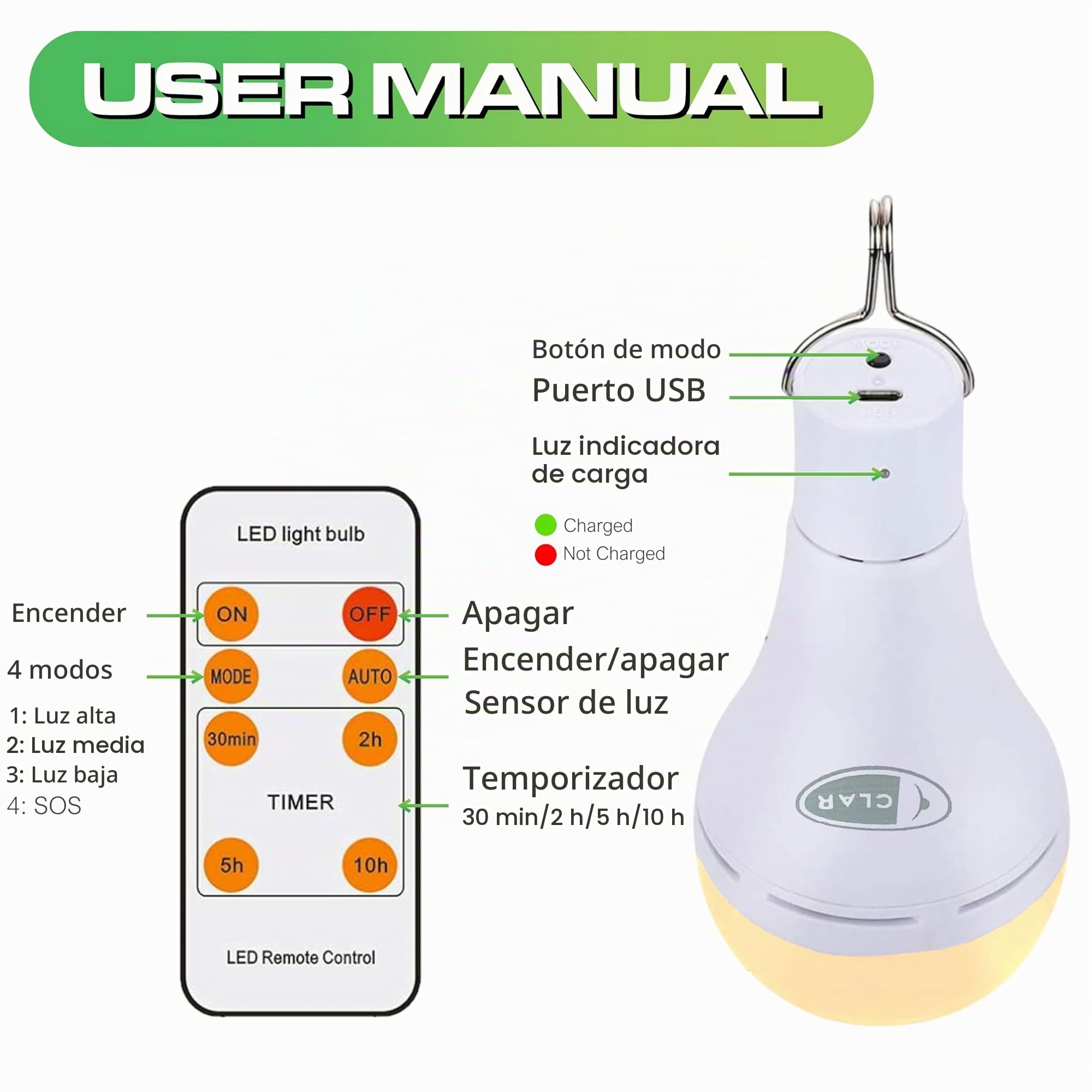 CLAR - Bombilla Recargable USB Con Mando, Luz Sin Electricidad, Sin Cable (Pack 3)