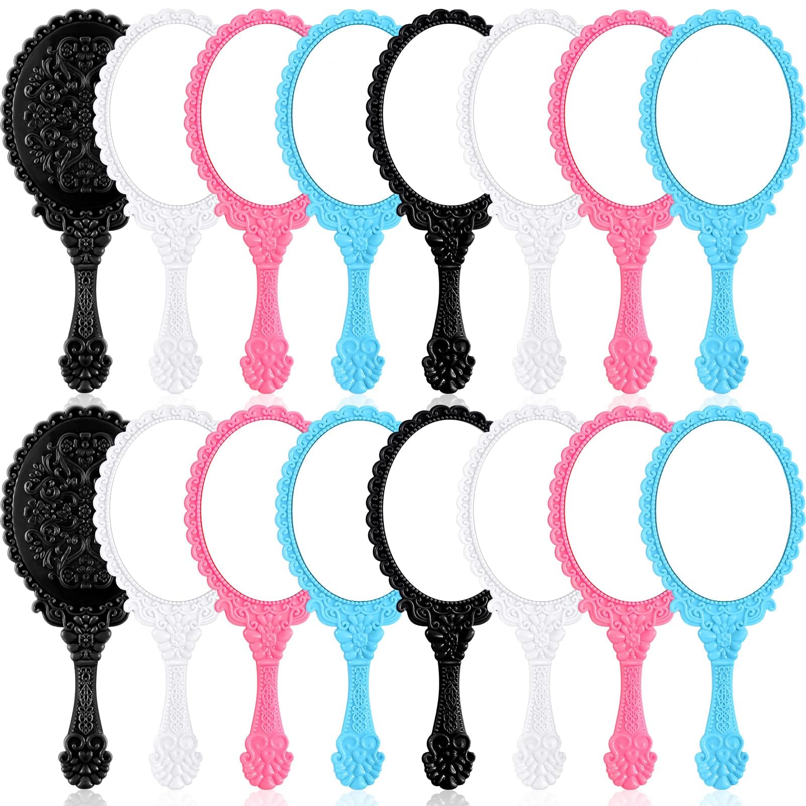 MAKINGTEC 16 Pcs Retro Hand Held Mirror Vintage Handheld Vanity Cute Oval Decorative with Handle Compact Travel Makeup for Girls (Black, White, Blue, Pink)