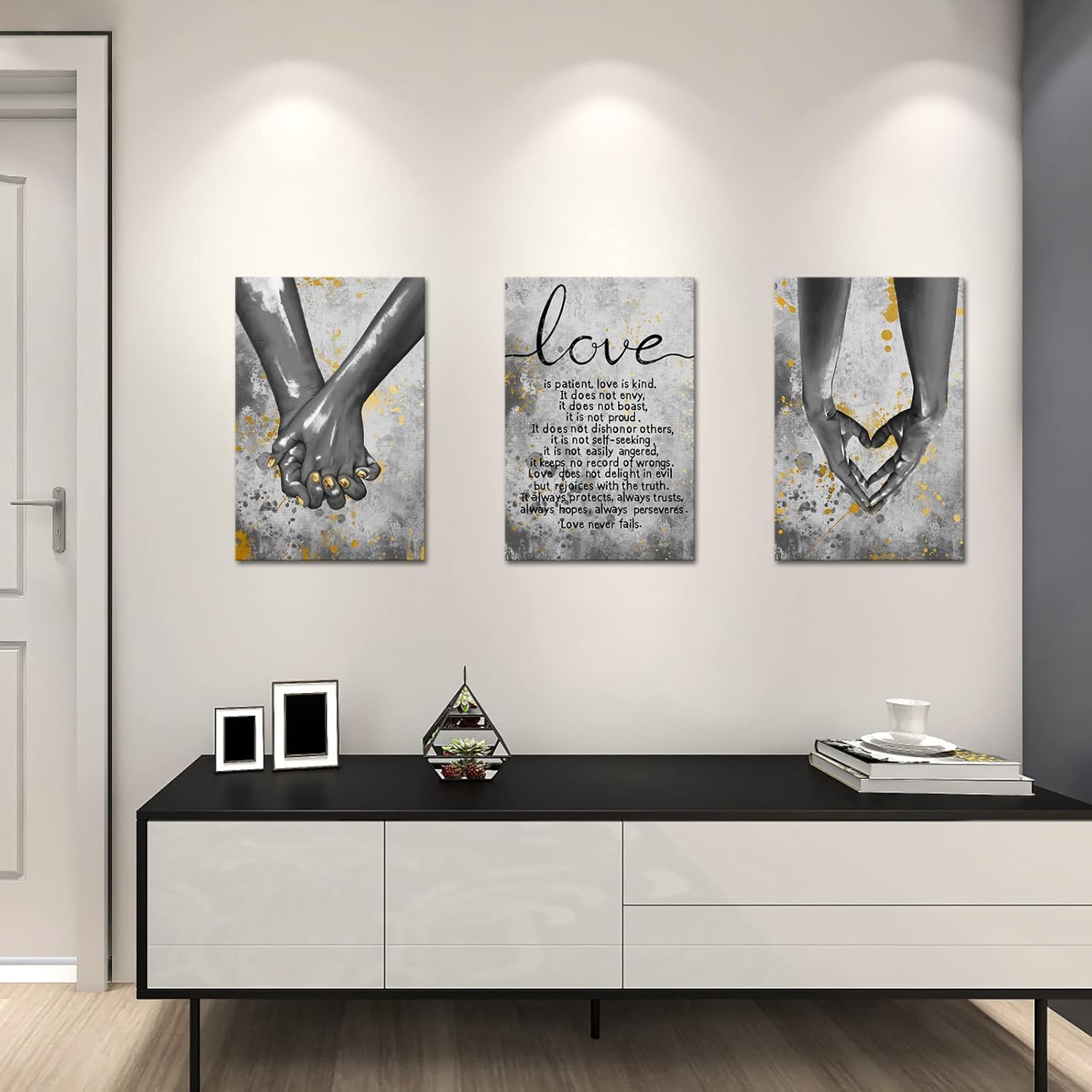 OuElegent 3 Piece Love Canvas Wall Art Hand in Hand Painting Pictures Inspirational Quotes Artwork for Living Room Bedroom Office Wall Decor Giclee Prints Gallery Wrapped Ready to Hang