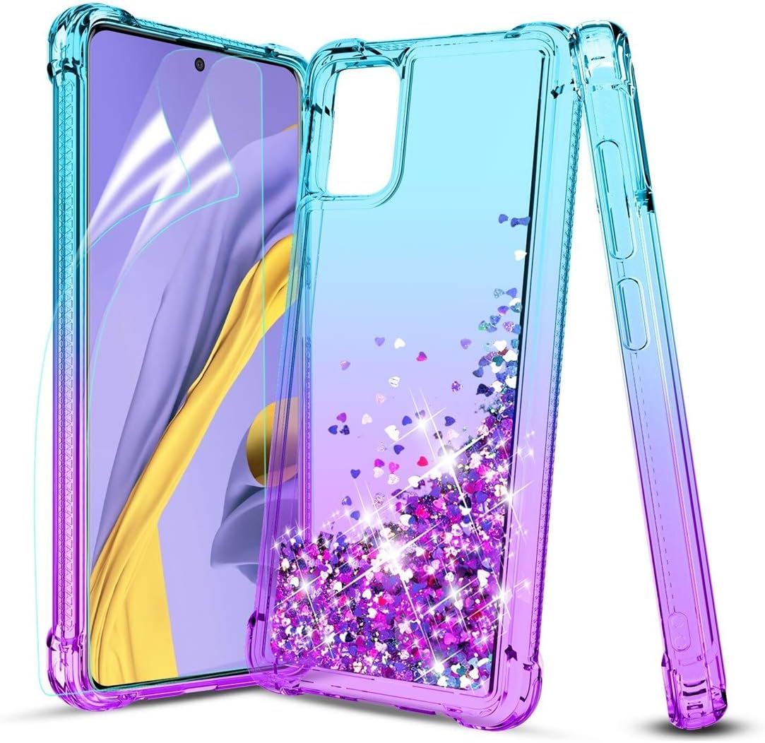 Tmacker Samsung Galaxy A51 Case,Samsung A51 Phone Case w/HD Screen Protector,TPU Glitter Quicksand Shockproof Protective Phone Cover for Girls Women-Teal/Purple