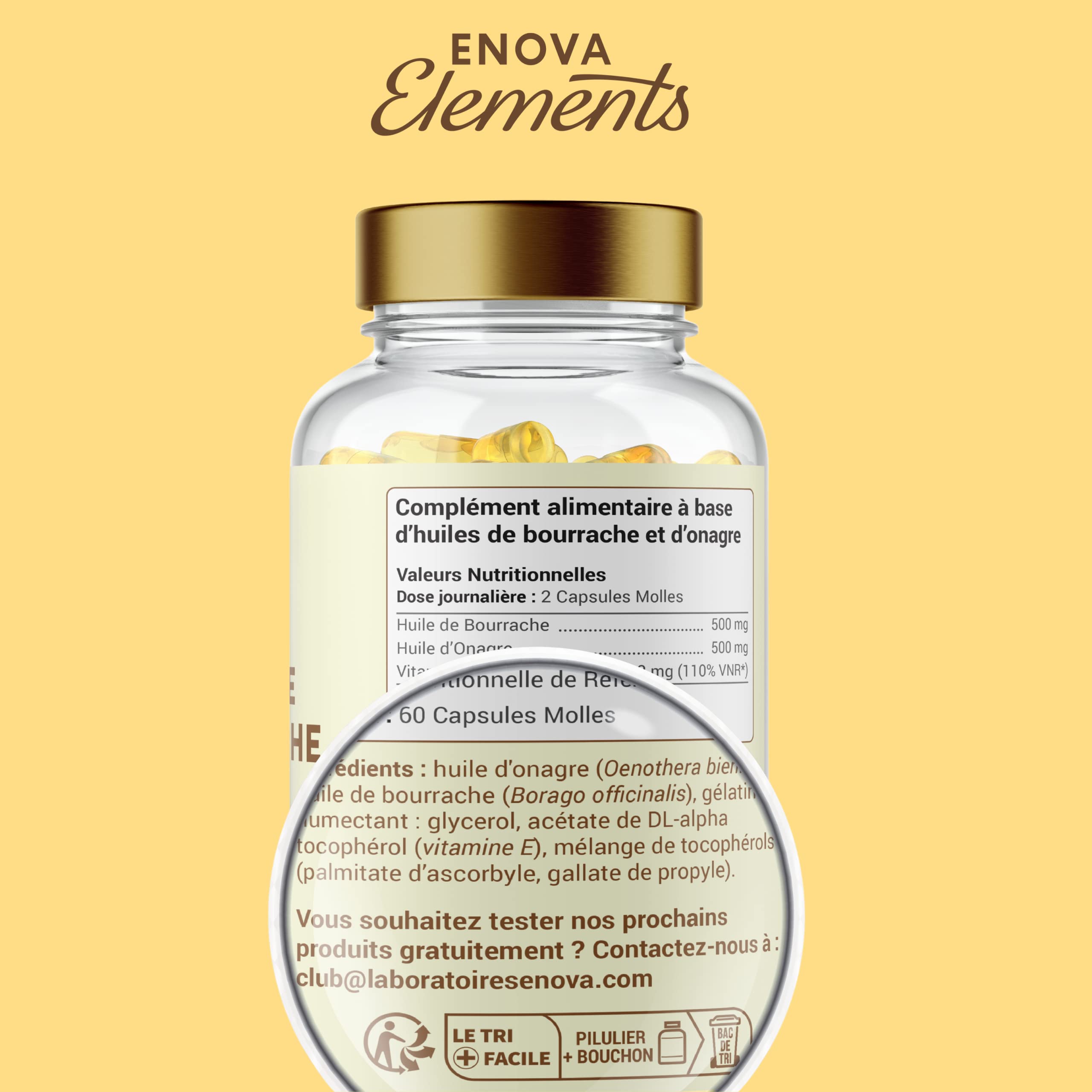 ONAGRE BOURRACHE + VIT E | Huile de Bourrache Huile d'onagre pressées à froid | Equilibre Hormonal Femmes, Ménopause et Syndrome prémenstruel | PEAU |1000 MG | 60 Capsules | Fabriqué en France
