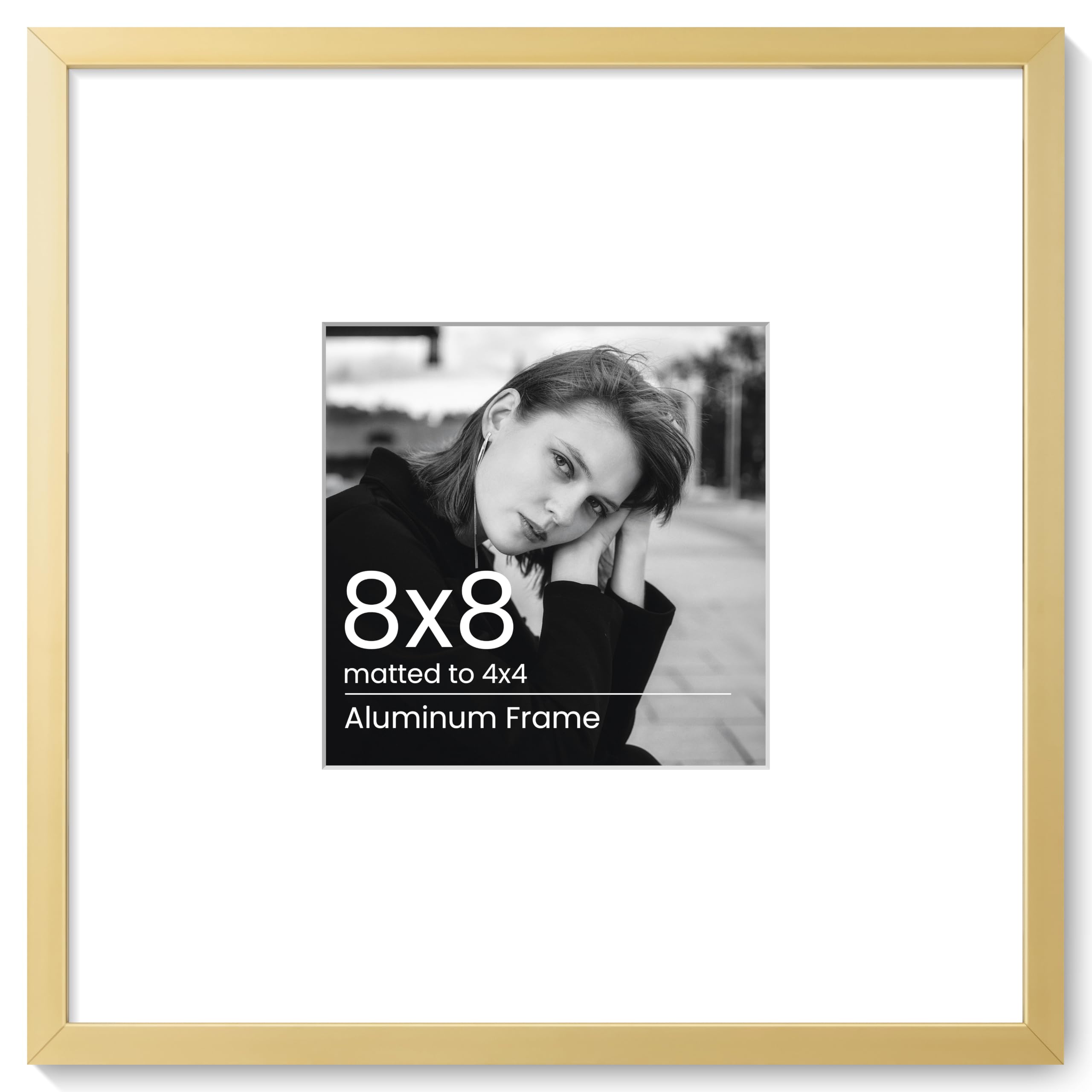 KovaScape 8x8 Aluminum Photo Frame - Modern Flat Metal Picture Frames with 4x4 Removable Mat and HD Glass - Versatile Wall & Tabletop Display for Gallery Art, Gold