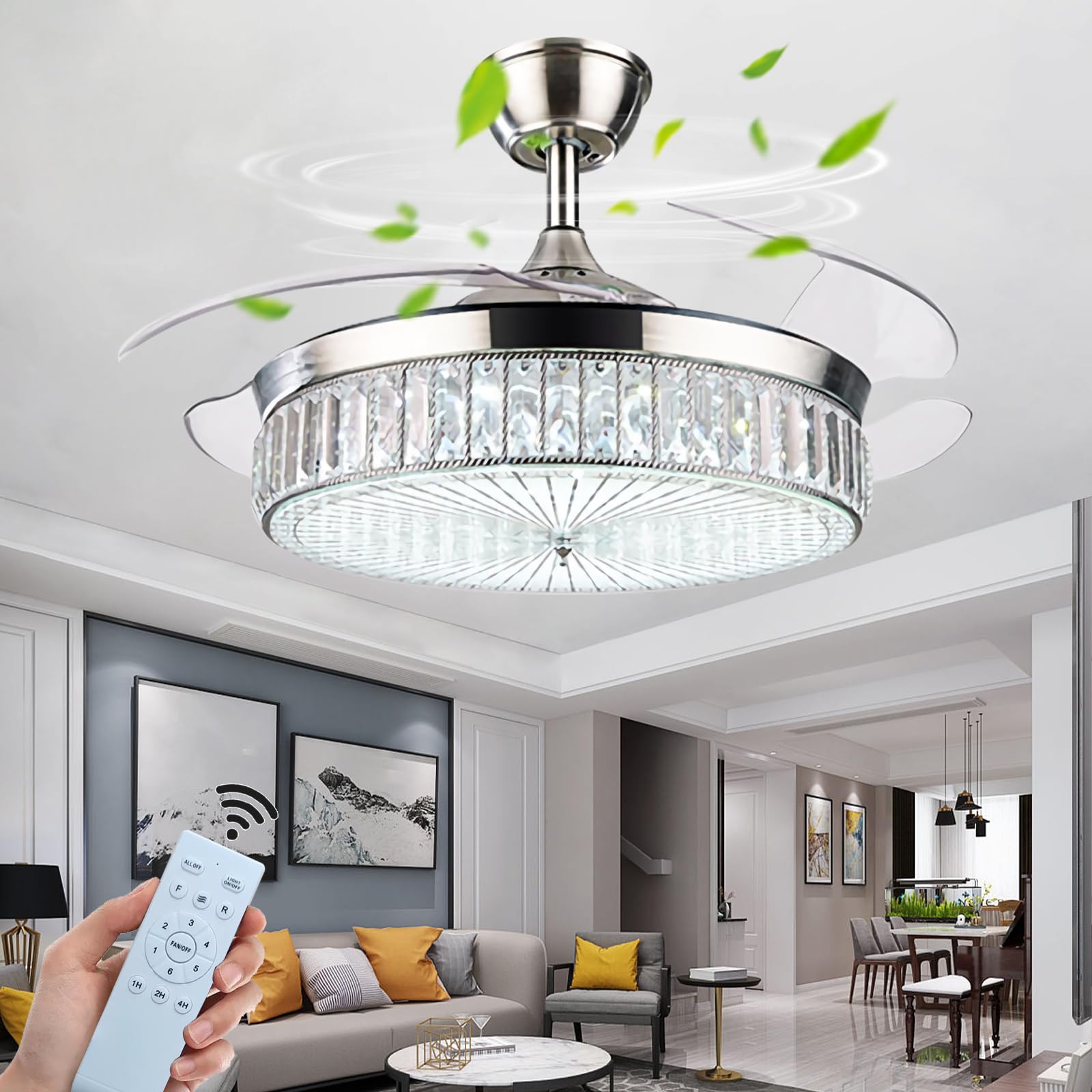 SXDMOUBK Silent Remote Controlled Retractable Ceiling Fan with Light 6 Speeds Reversible 3 Color Temperatures Modern Design 107CM Silver Ventilator