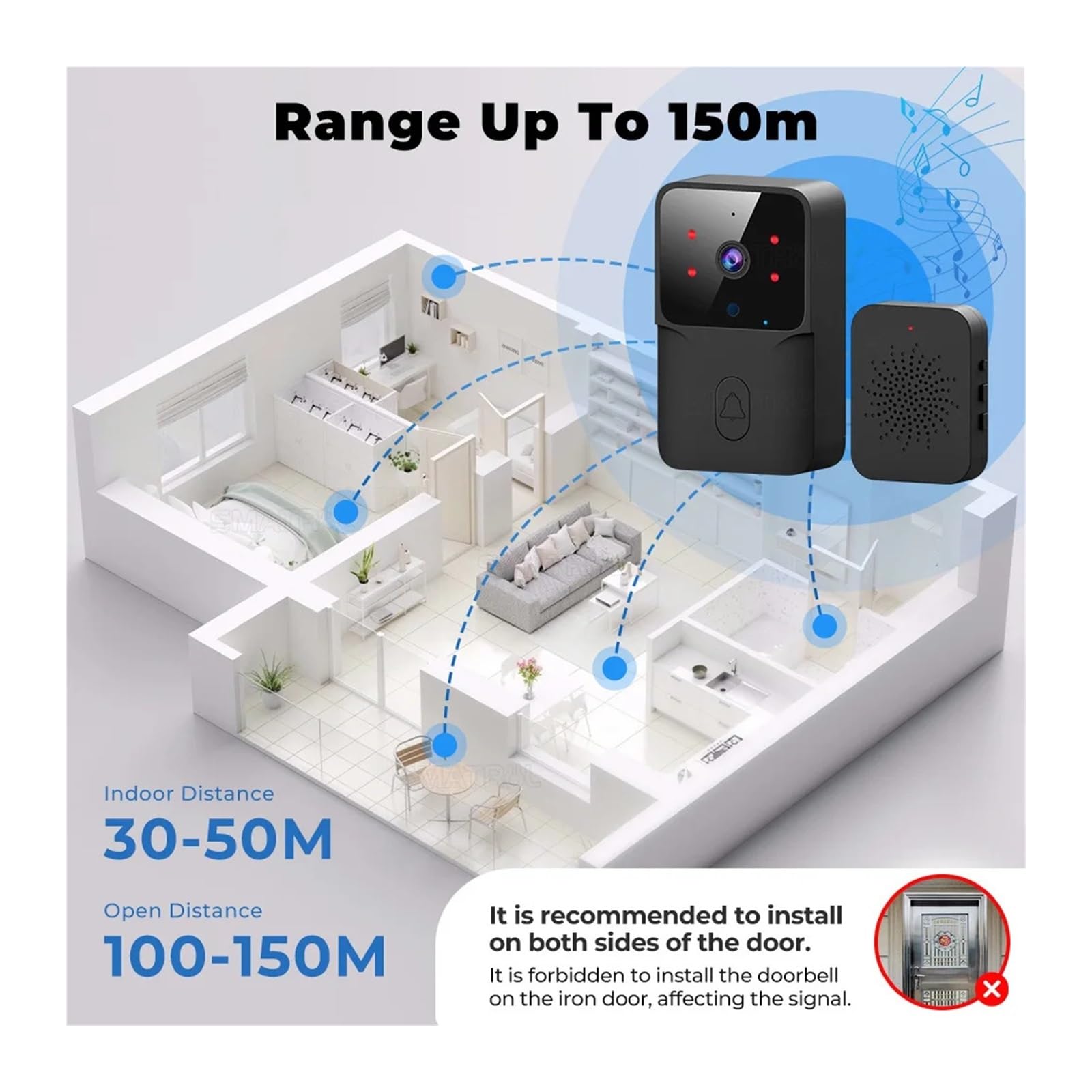Funktioniert mit Tuya Wifi Türklingel Outdoor HD-Kamera Anti-Diebstahl (schwarz)