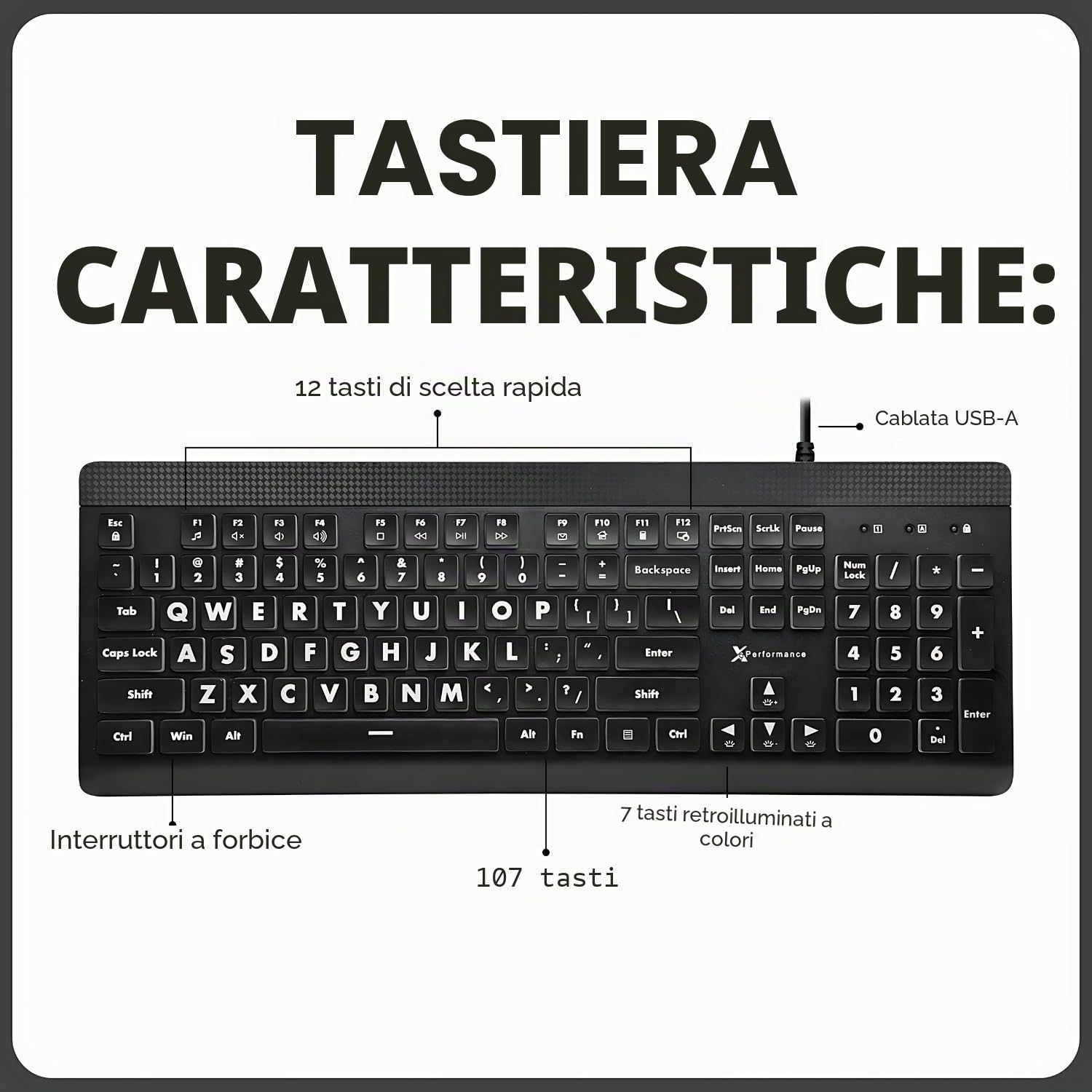 X9 Performance Tastiera retroilluminata di grandi dimensioni, facile da vedere, con cavo USB, layout a 107 tasti, 7 LED a colori, tastiera grande per ipovedenti, per PC Windows
