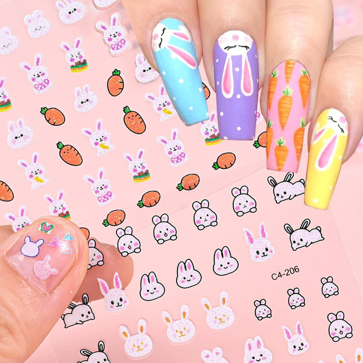 Adesivi 3D per unghie, 90 fogli, autoadesivi, a forma di cuore, per nail art, decorazione fai da te, manicure (conigli)