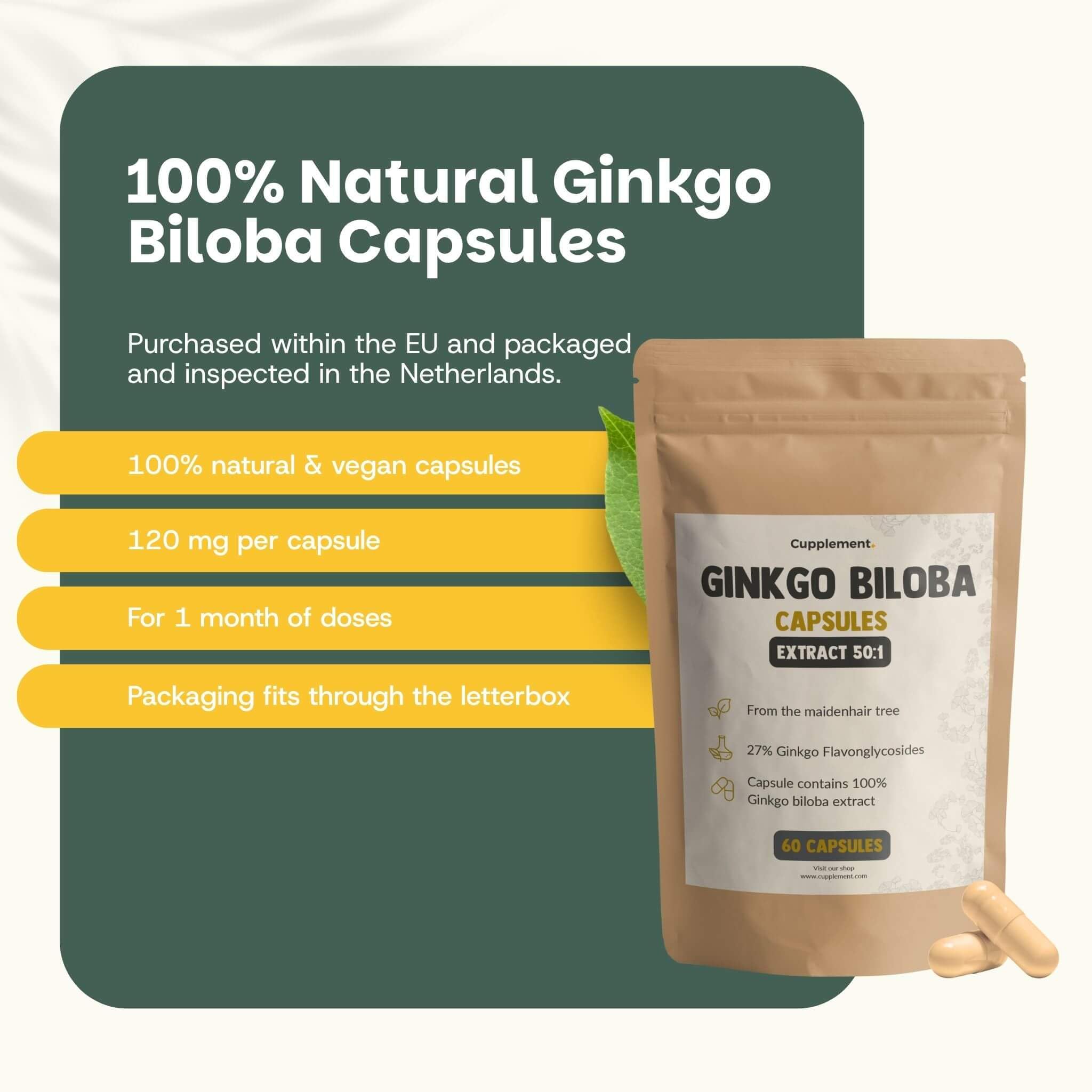 Ginkgo Biloba Kapseln 100 mg Kombideal 4x 60 Capsules - Gedächtnis & Konzentration - Nootropika Ginkgo - Vegan - Ohne Zusatzstoffe - Laborgeprüft - 60 Tage Vorrat pro Beutel