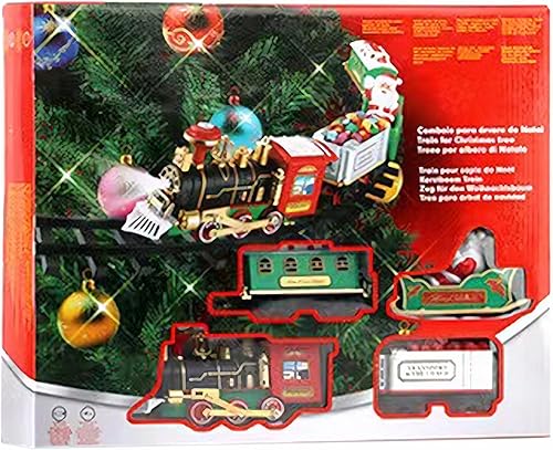 1 juego de tren de árbol de Navidad con luz y sonido, tren colgante con locomotora de carbón, trineo y pistas realistas